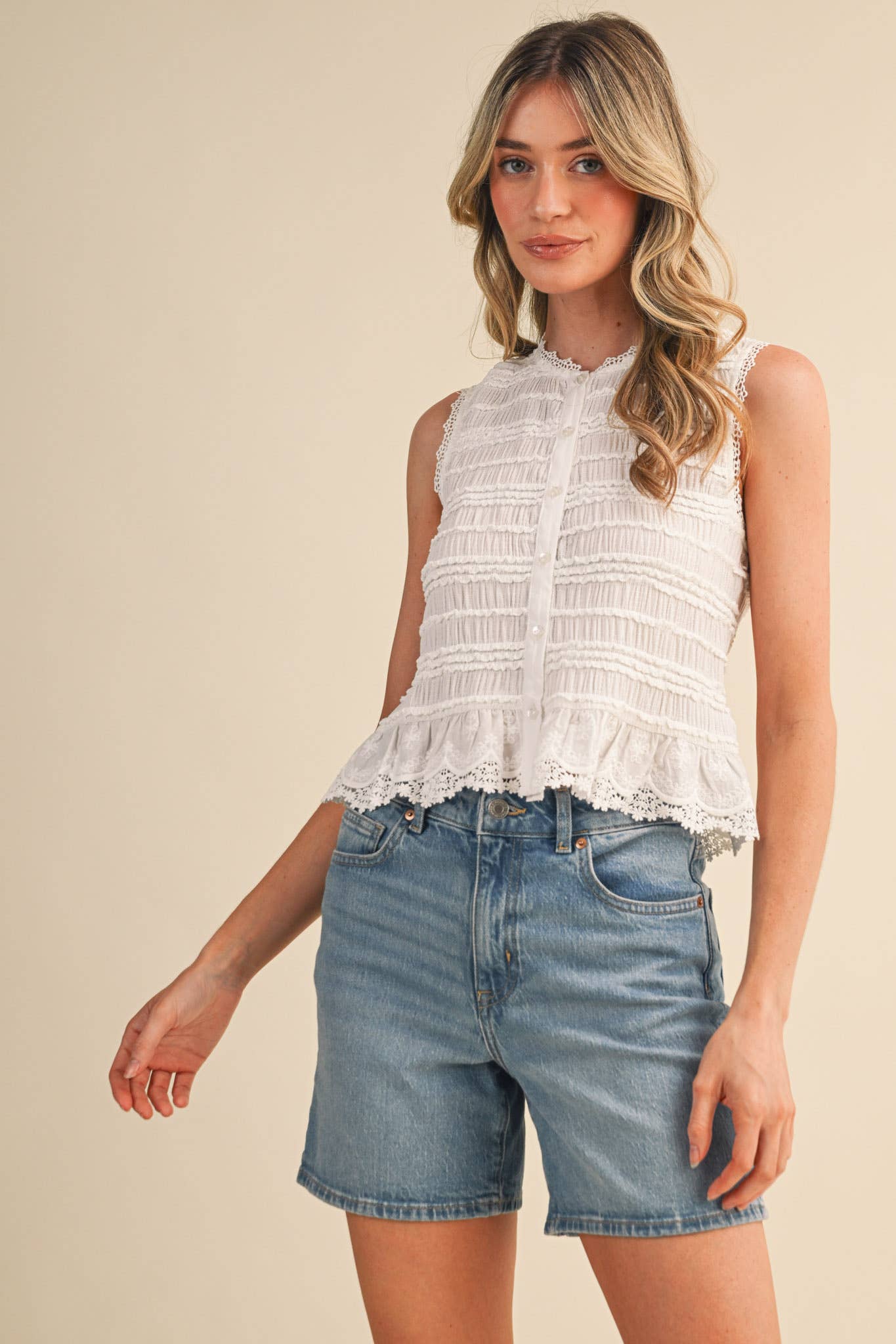 &MERCI - SHIRRED BUTTON DOWN TOP WITH LACE TRIM MTP4759
