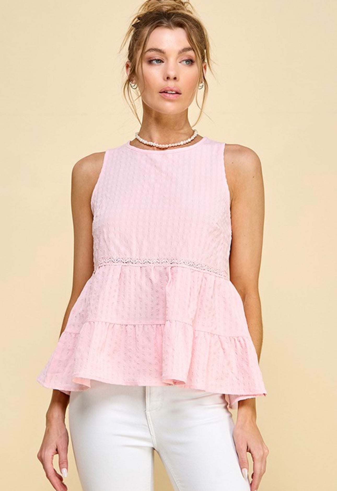 Blush Lace Trim Peplum Tank