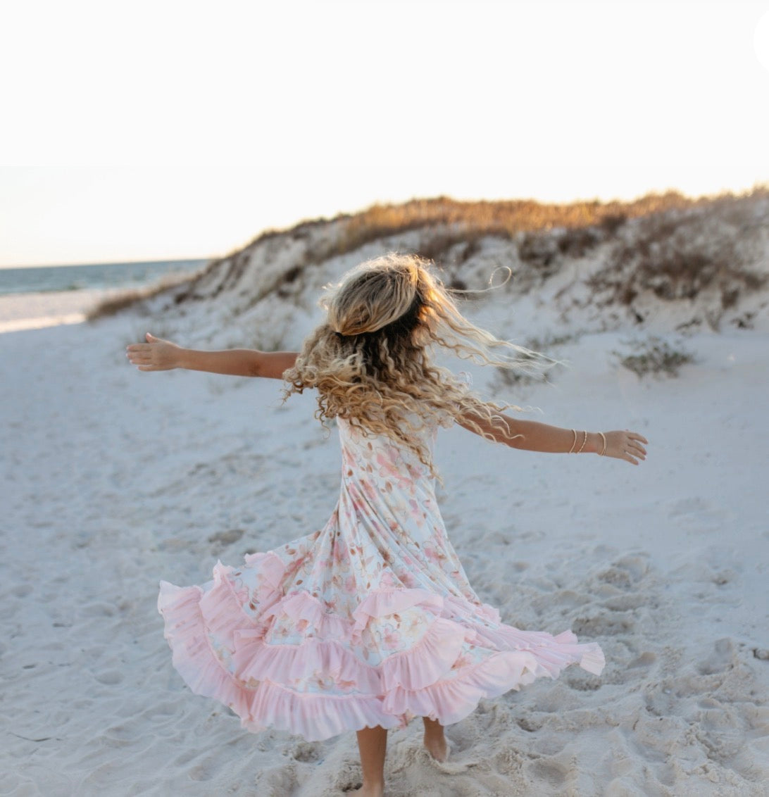 Girls, blush, floral flutter sleeve ruffle spring dress