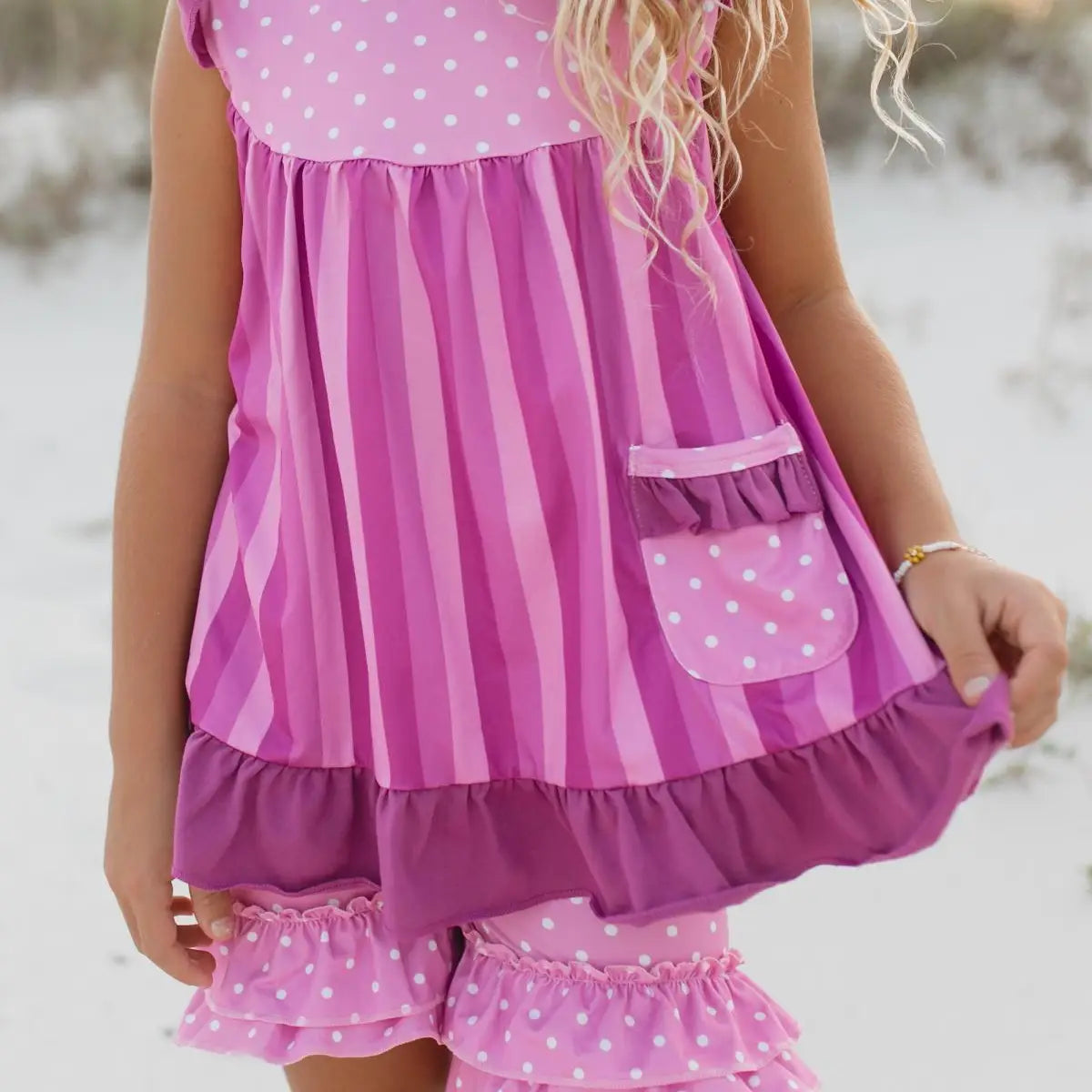 Kids paint, purple polkadot spring ruffle pocket shorts set