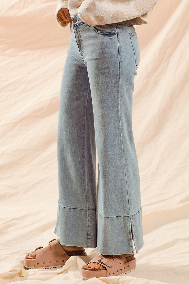Wide Leg Flare Denim Jeans With Side Slits