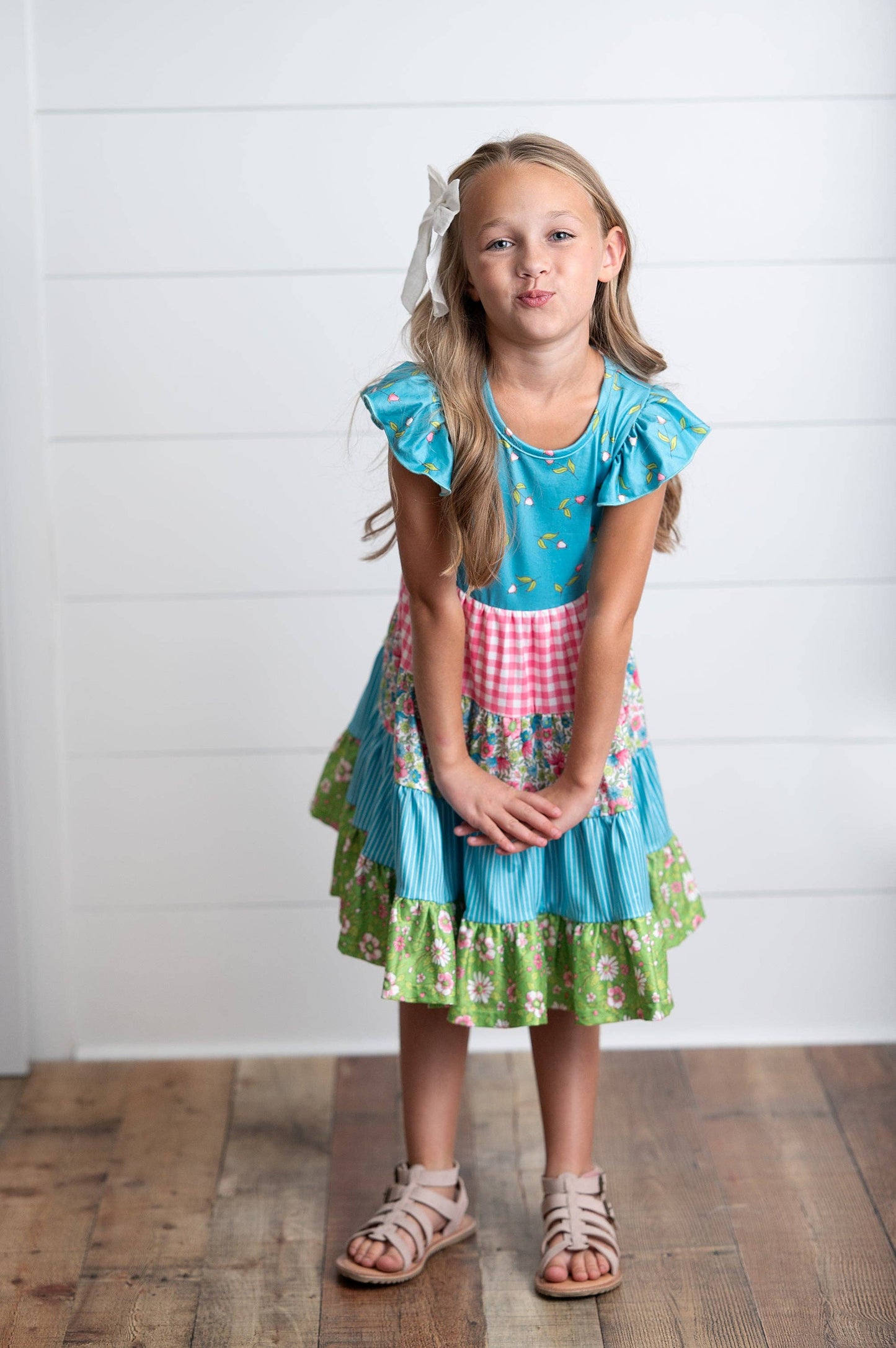 Adorable Sweetness - Girls Ava Twirl Teal Floral Check Tiered Spring Easter Dress