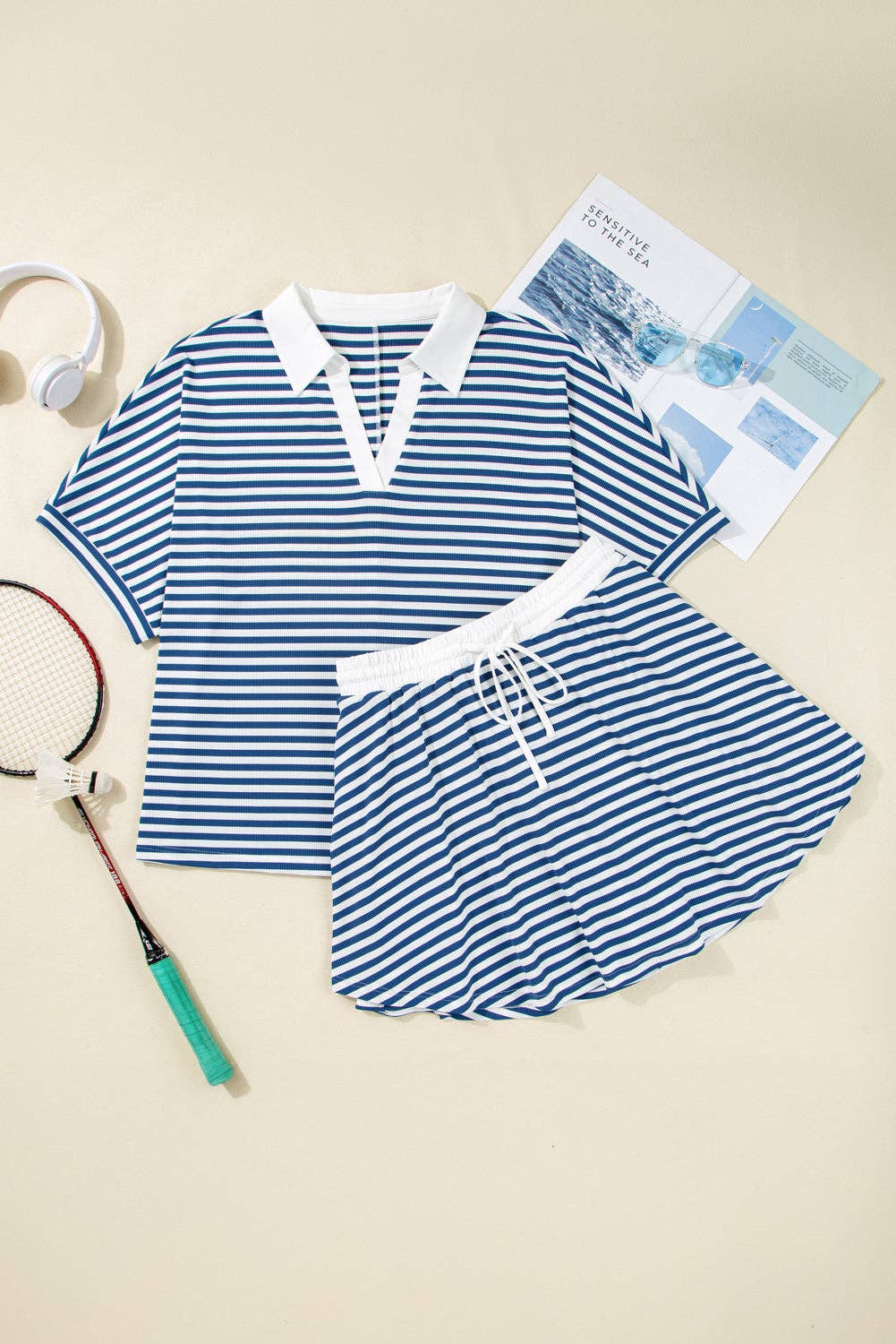 LALA LOO - Plus Size Stripe Top and Shorts Set
