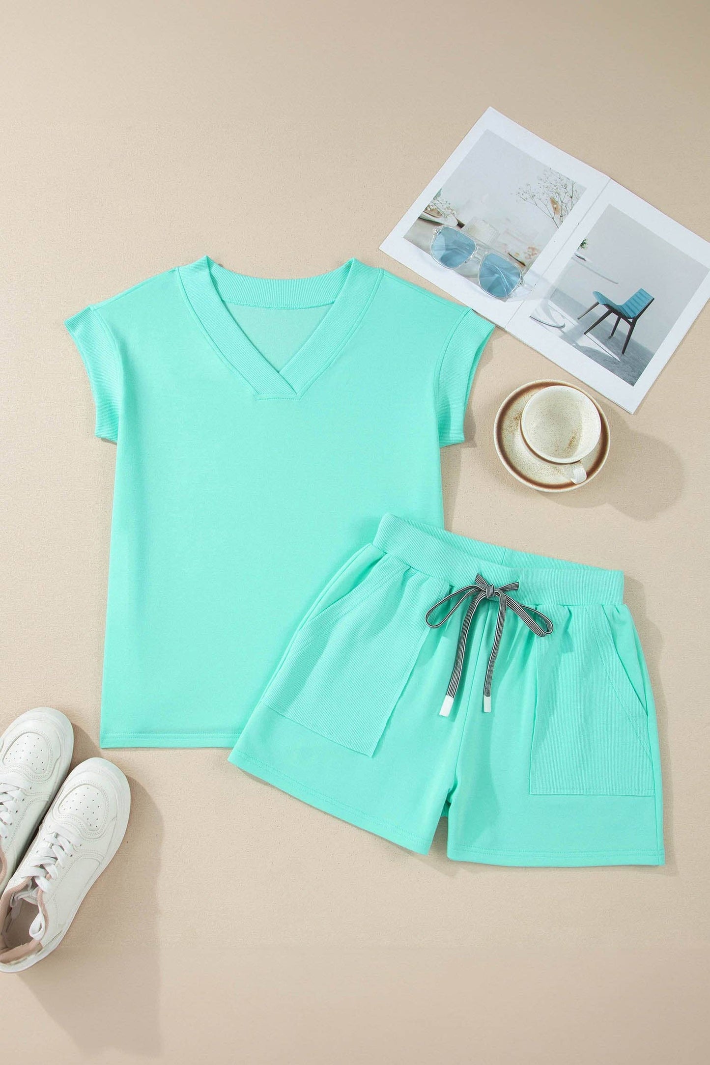 Secret Style Source - V Neck Short Sleeve Top Drawstring Shorts 2pcs Set