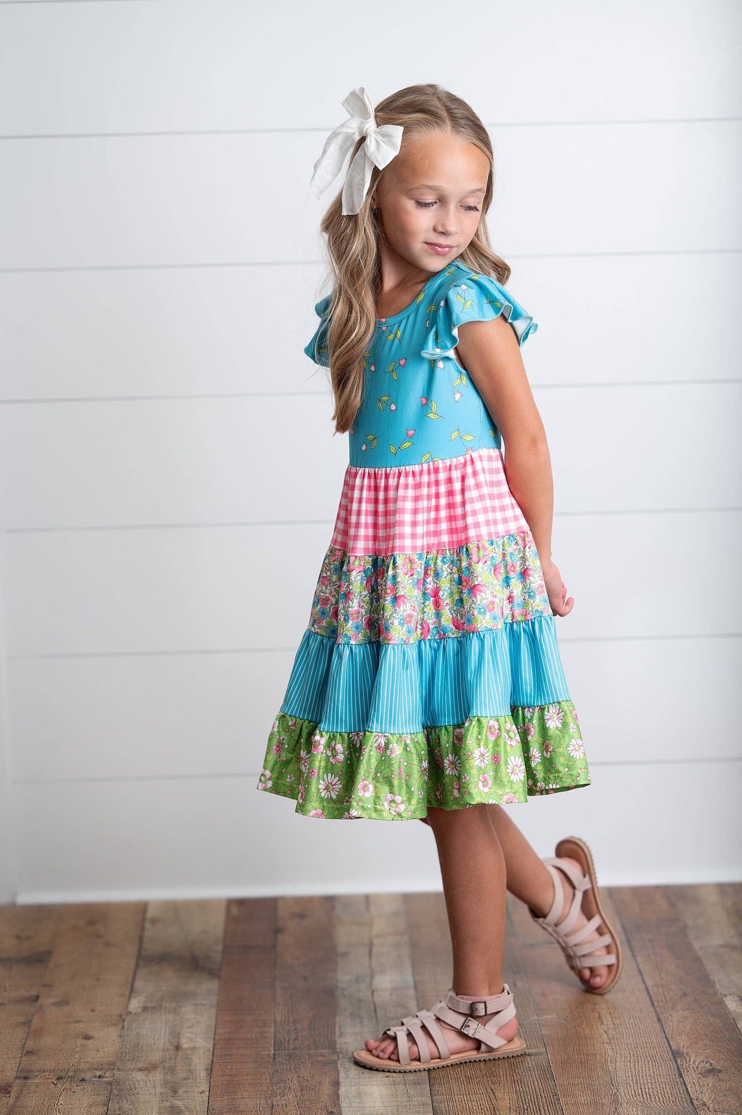 Adorable Sweetness - Girls Ava Twirl Teal Floral Check Tiered Spring Easter Dress