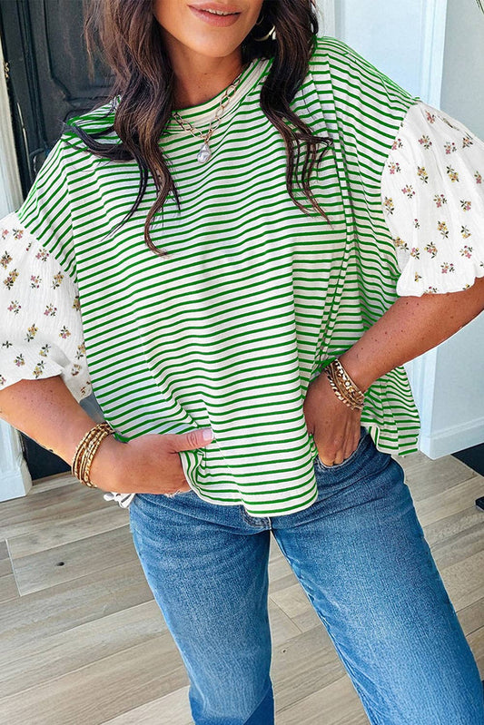 Secret Style Source - Green Stripe Floral Puff Sleeve Round Neck Loose Top