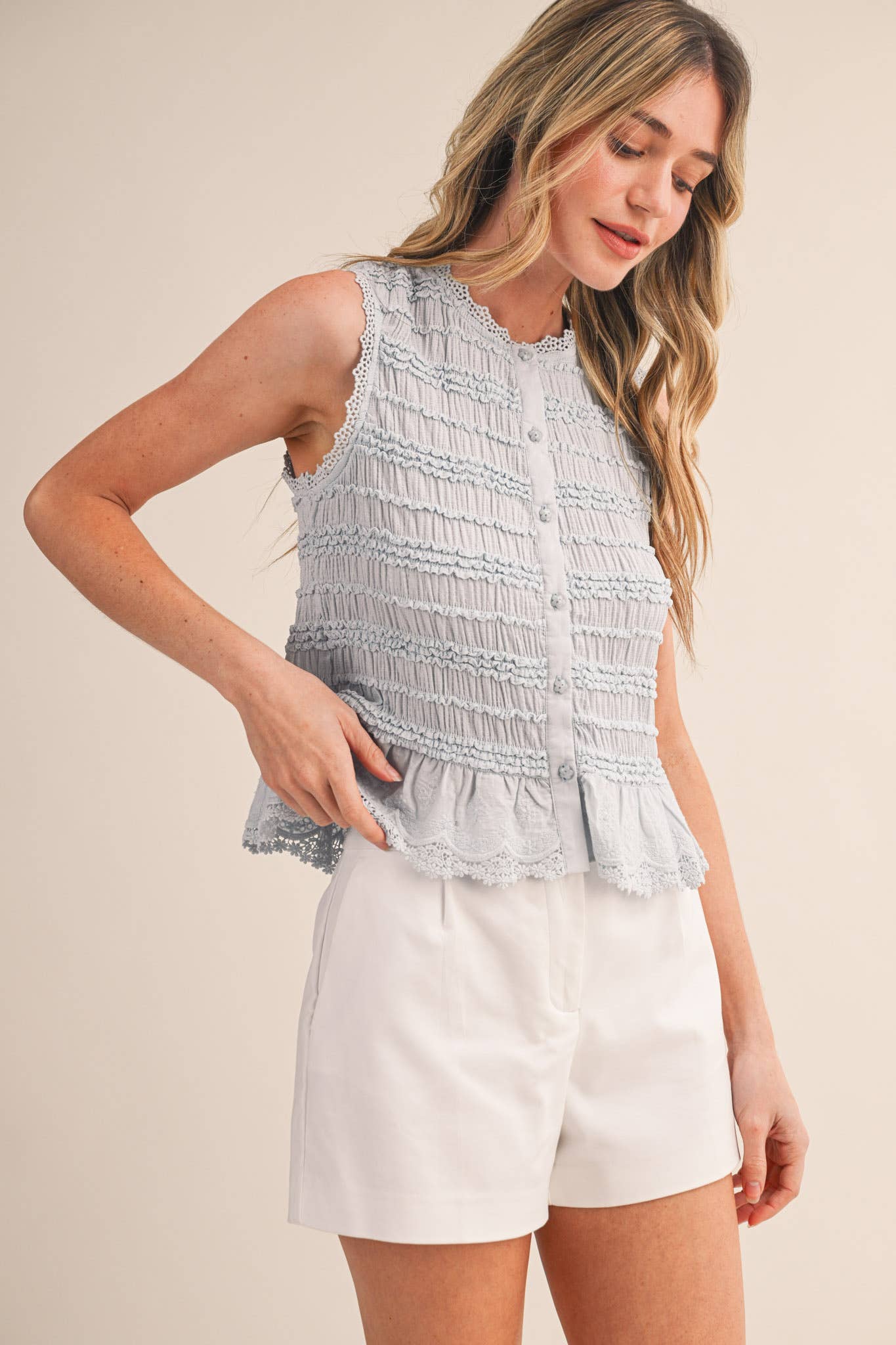 &MERCI - SHIRRED BUTTON DOWN TOP WITH LACE TRIM MTP4759