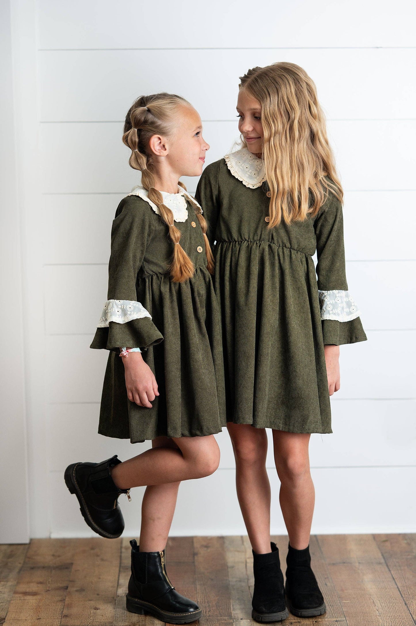 Wren & James - Girls Olive Green Corduroy & Lace Bell Sleeve Fall Dress