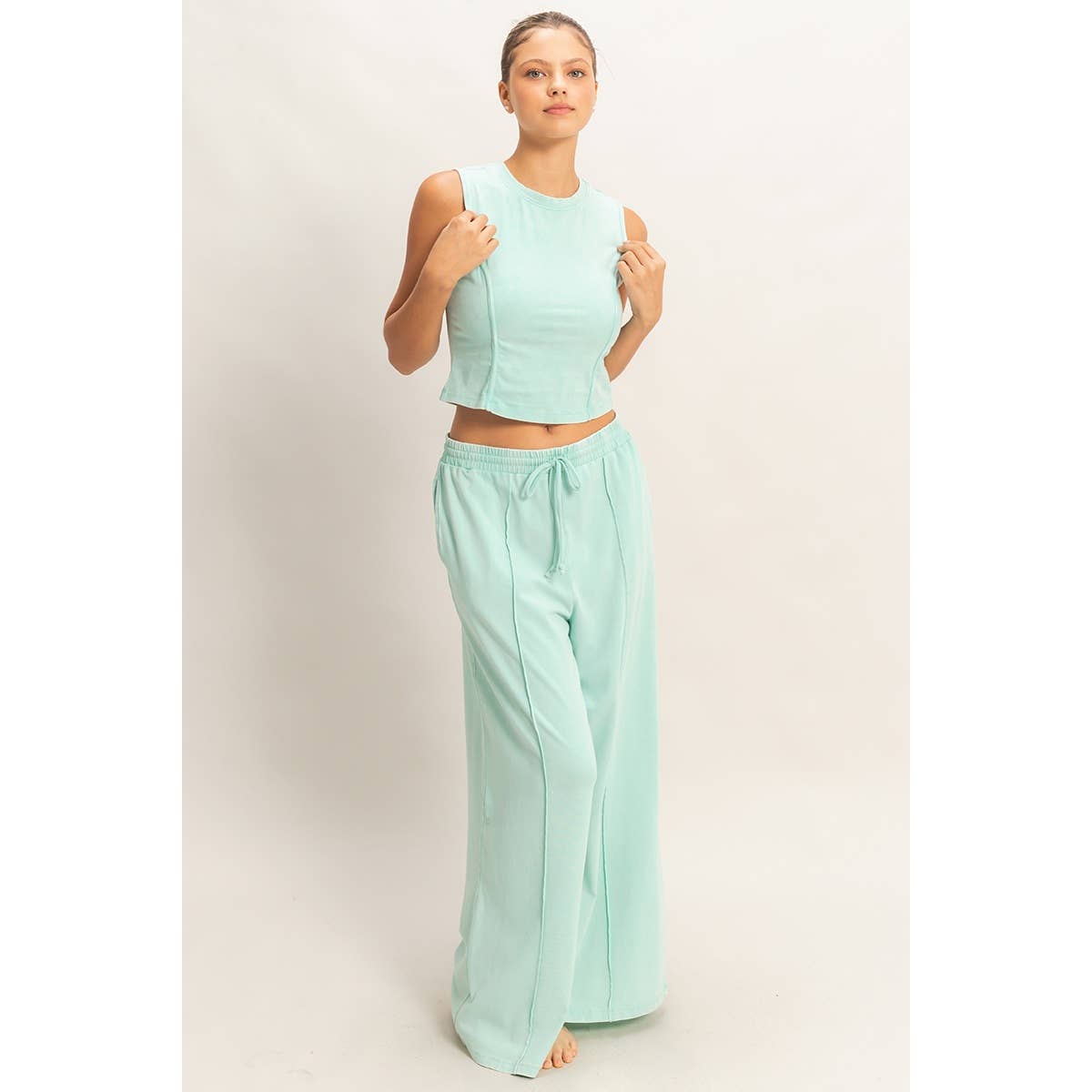 Double Zero - Mineral Washed Sleeveless Top & Wide Leg Pants Set