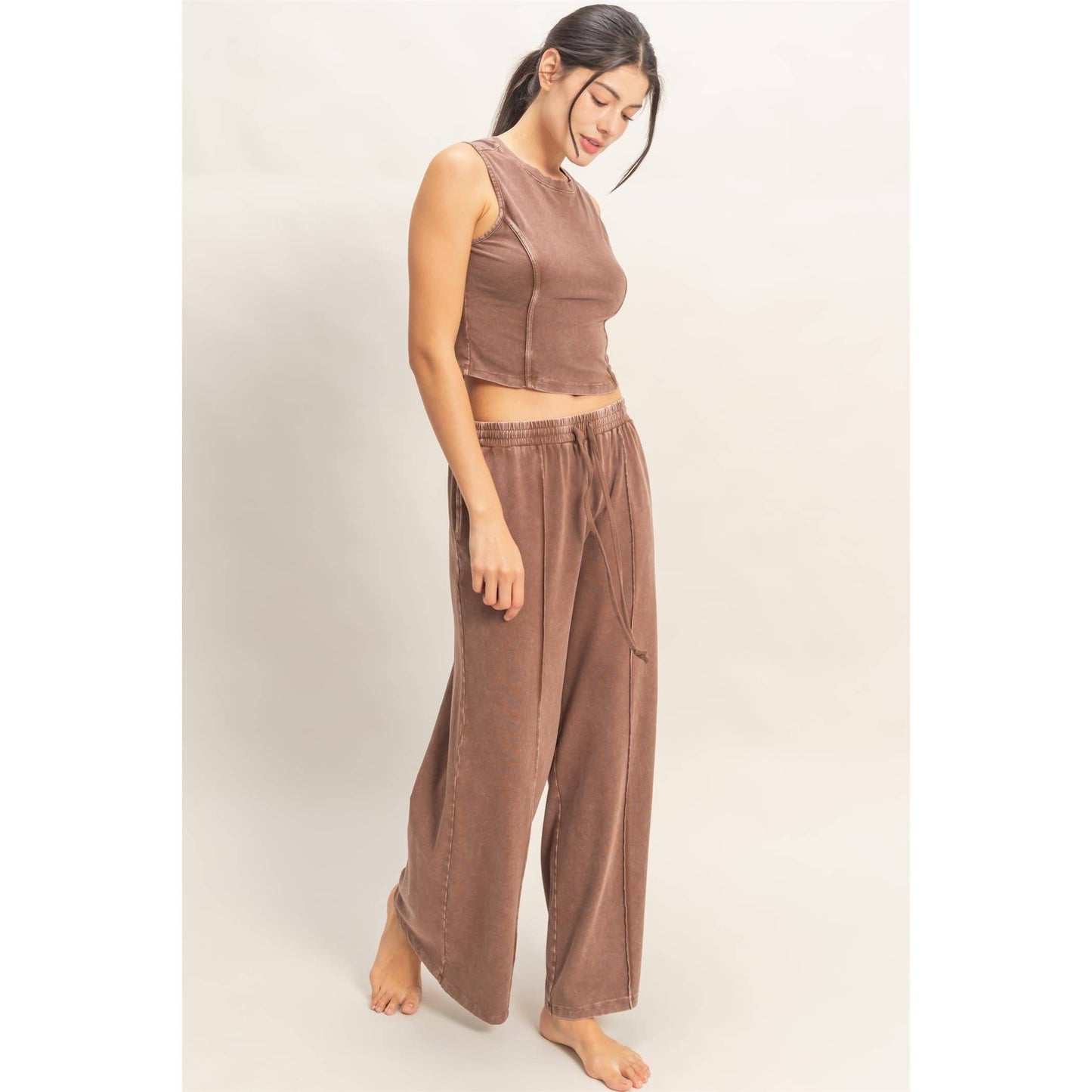 Double Zero - Mineral Washed Sleeveless Top & Wide Leg Pants Set