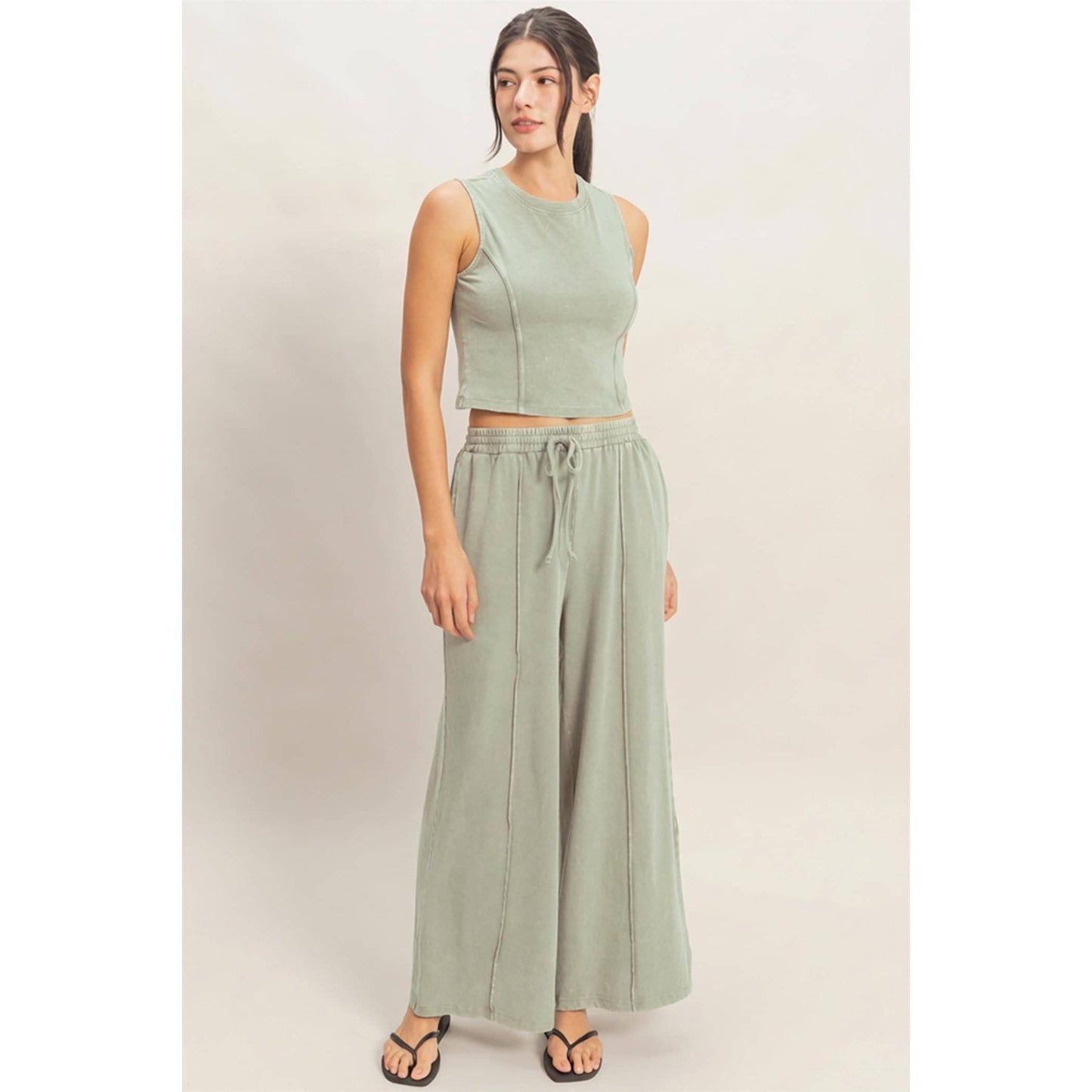 Double Zero - Mineral Washed Sleeveless Top & Wide Leg Pants Set