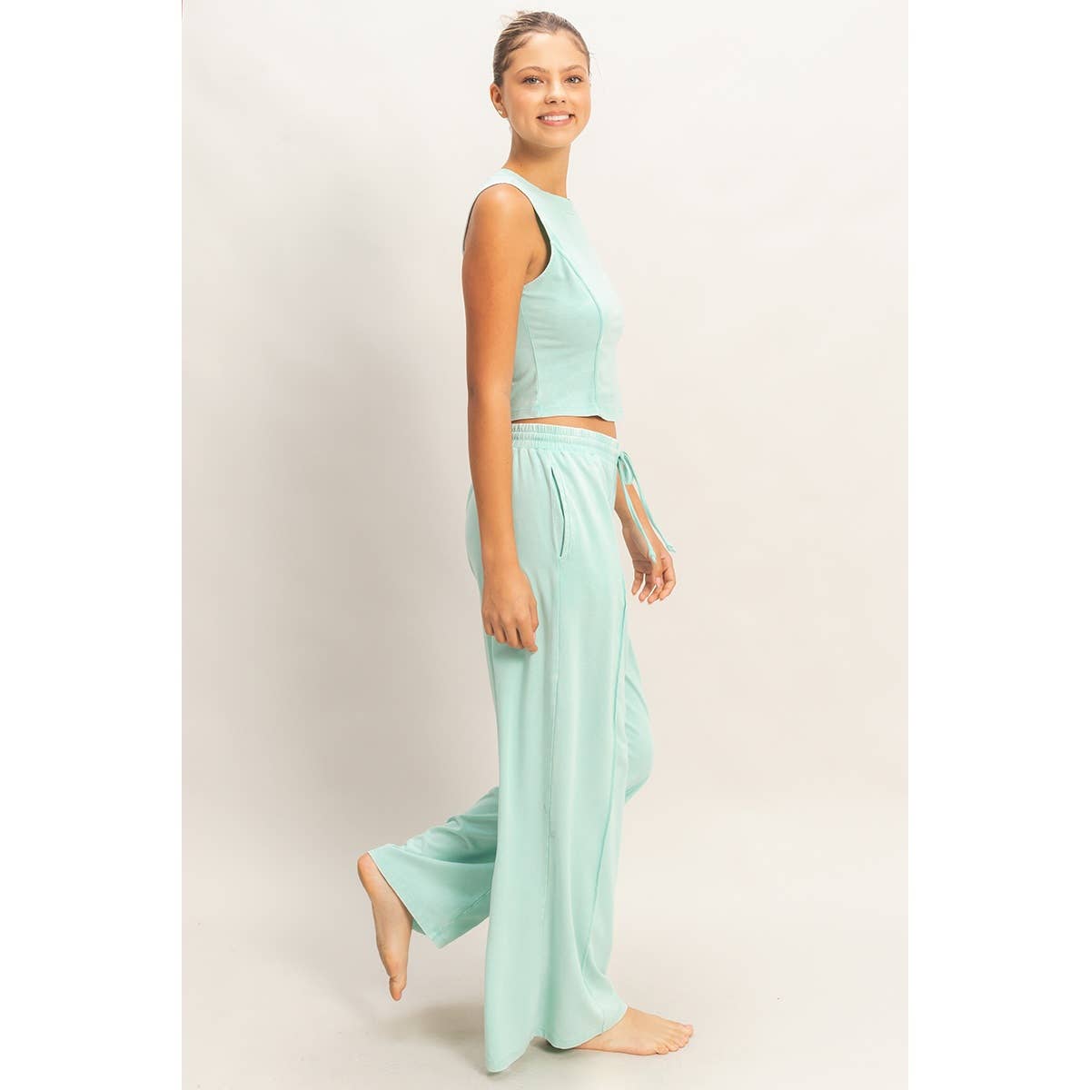 Double Zero - Mineral Washed Sleeveless Top & Wide Leg Pants Set