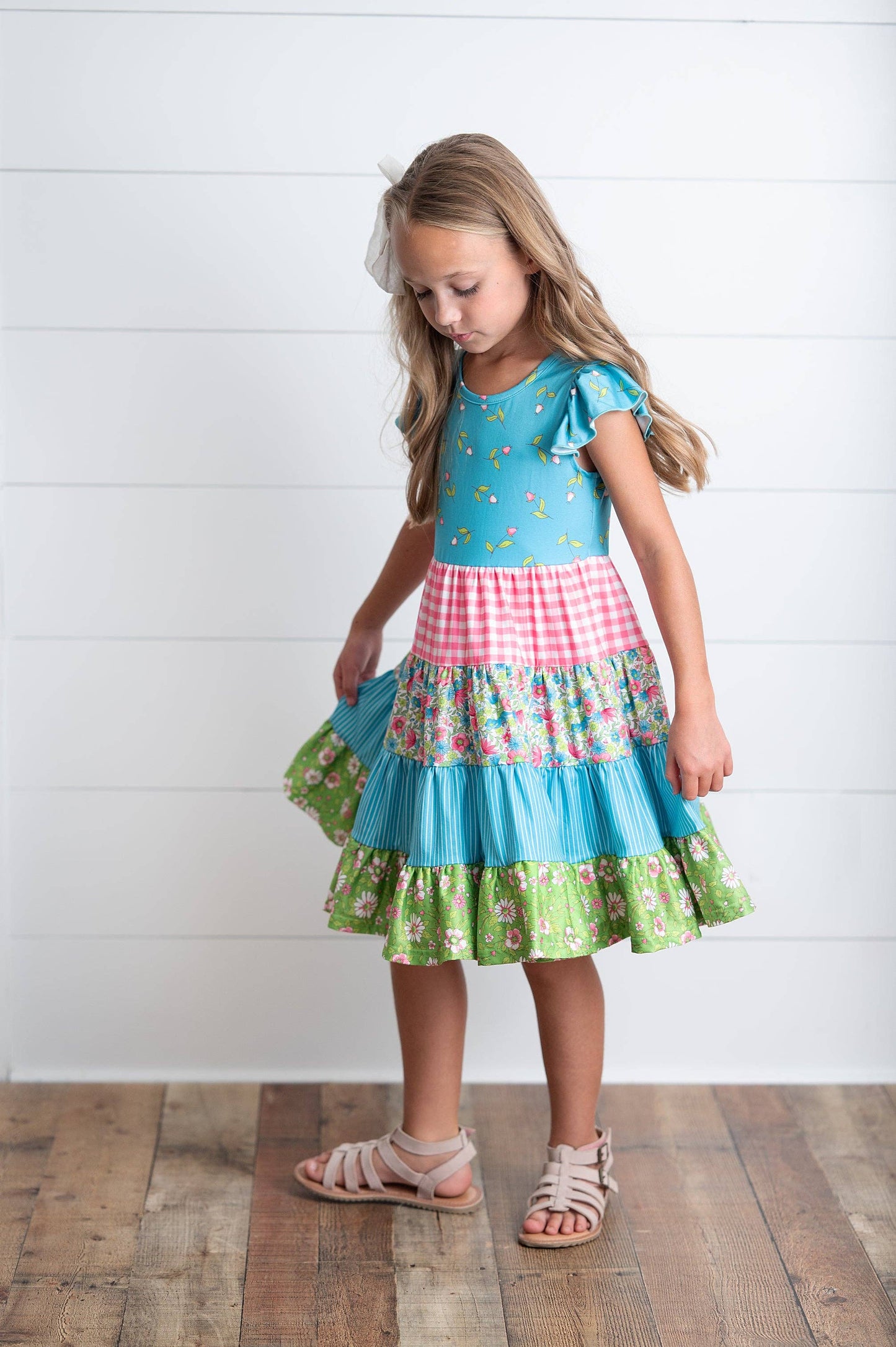 Adorable Sweetness - Girls Ava Twirl Teal Floral Check Tiered Spring Easter Dress