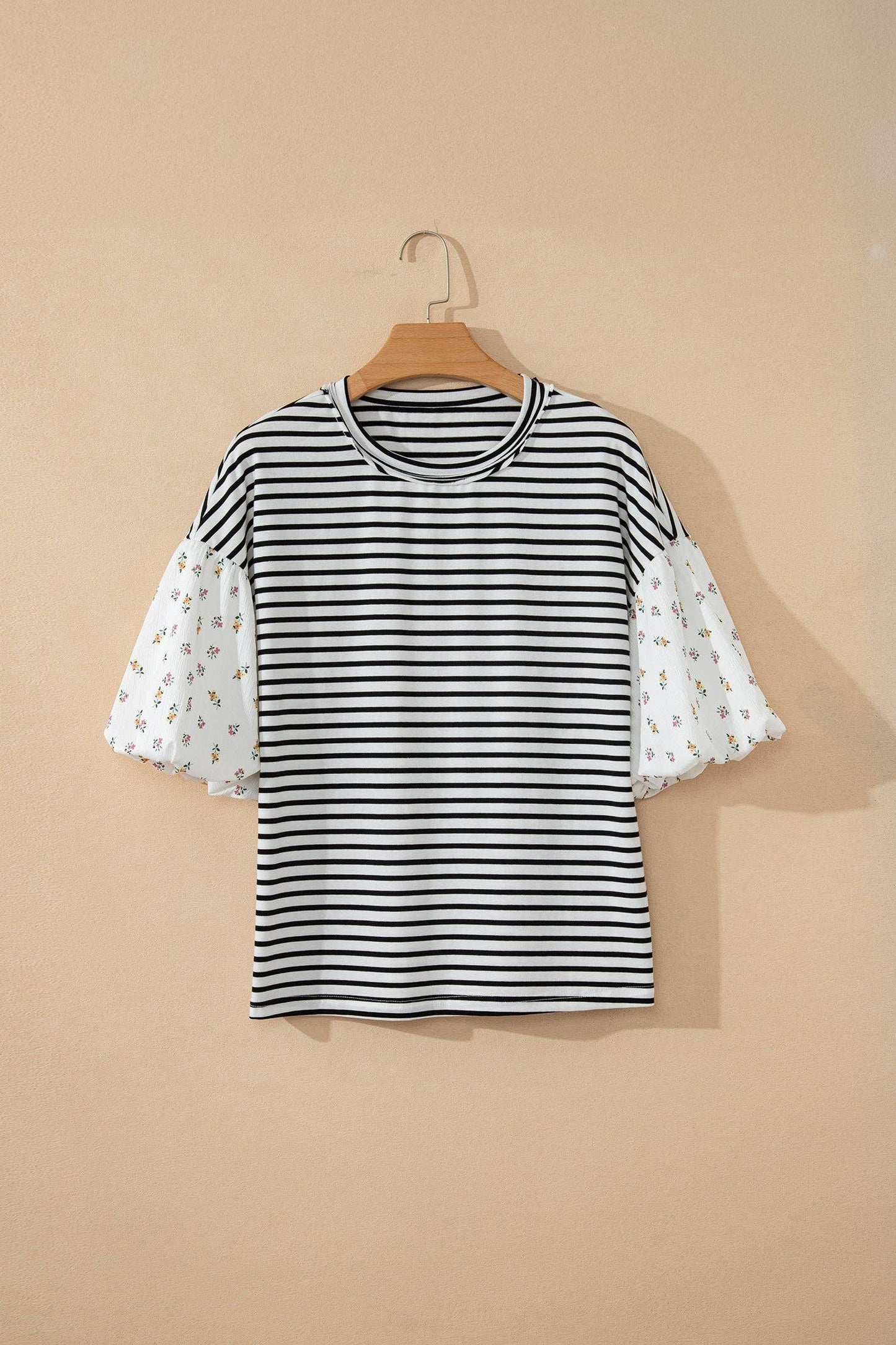Secret Style Source - Green Stripe Floral Puff Sleeve Round Neck Loose Top