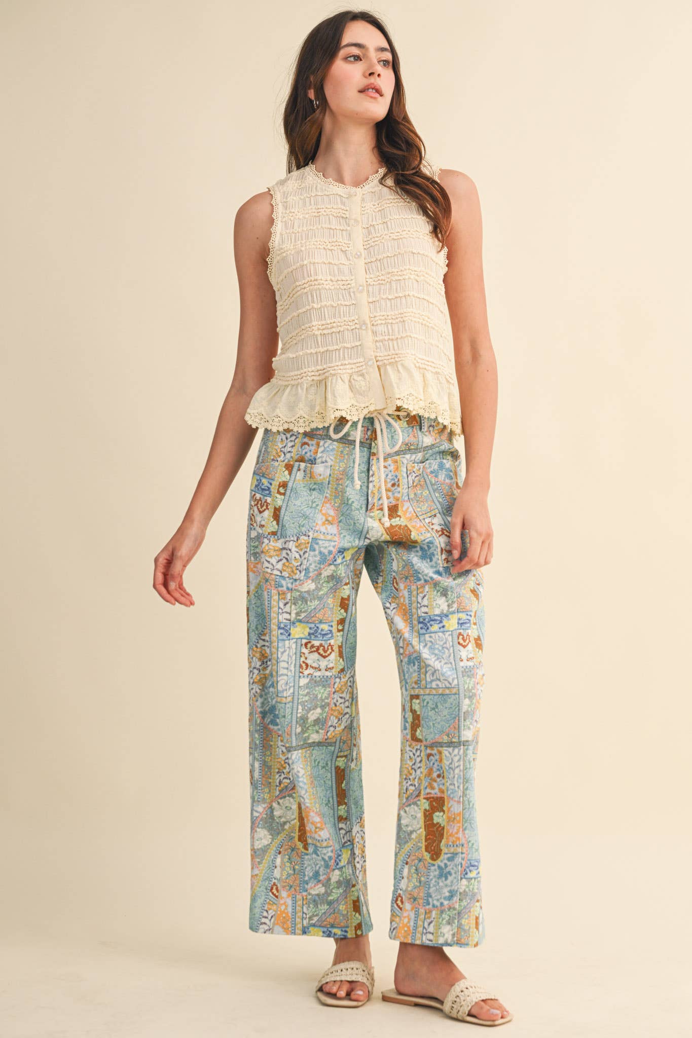 &MERCI - SHIRRED BUTTON DOWN TOP WITH LACE TRIM MTP4759
