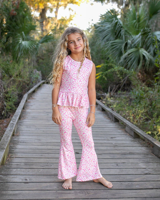 Adorable Sweetness - Girls Pink Groove Floral Spring Summer Pant Set