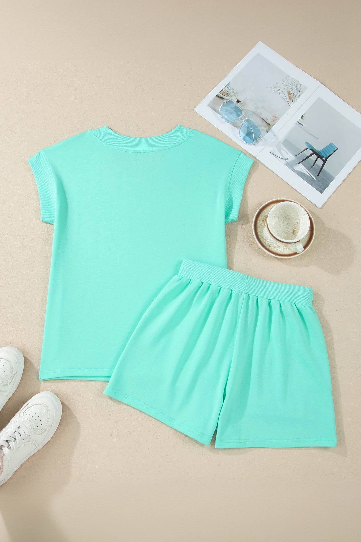 Secret Style Source - V Neck Short Sleeve Top Drawstring Shorts 2pcs Set