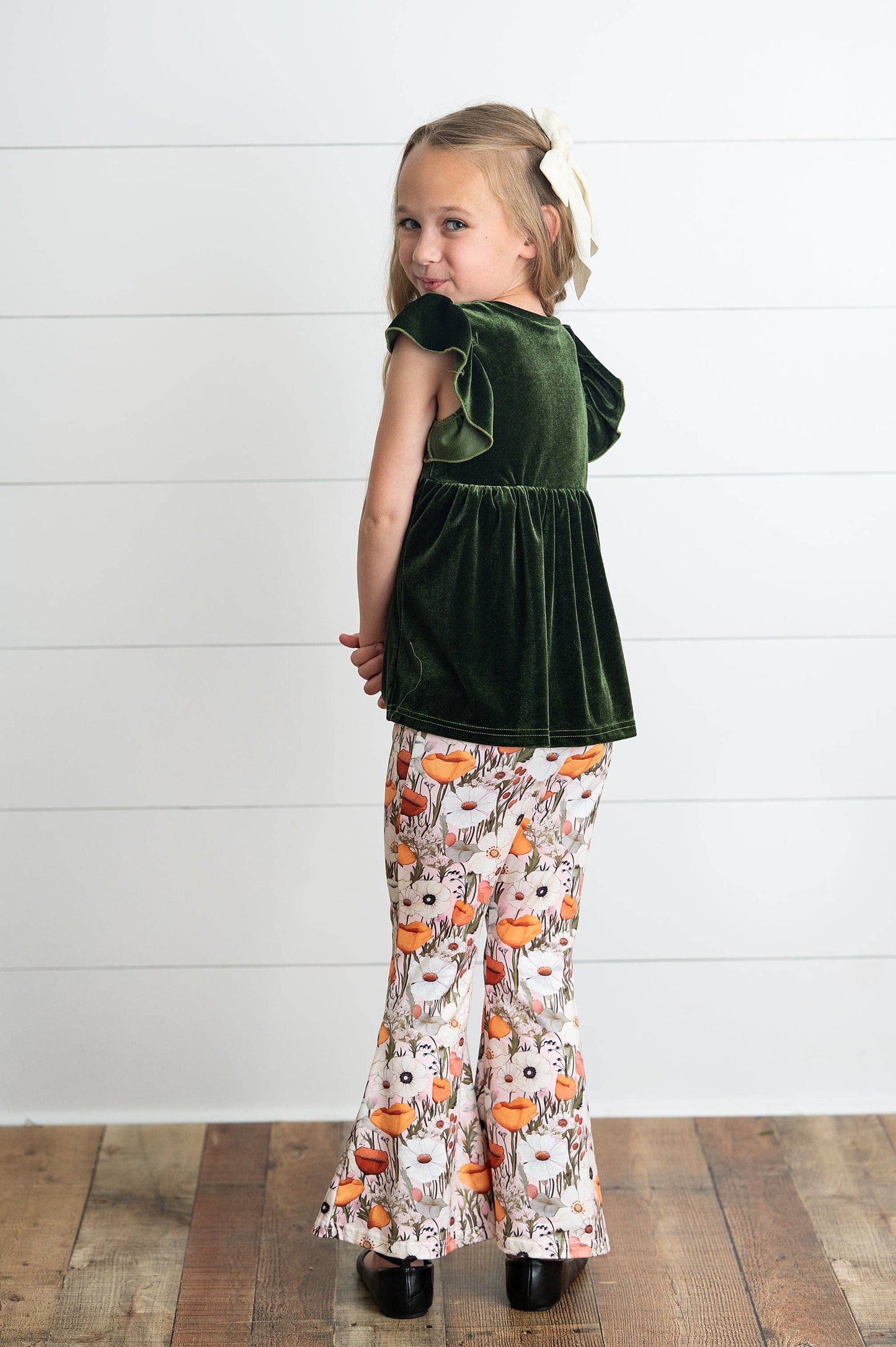 Wren & James - Girls Olive Velvet Ruffle Top & Retro Bell Bottom Pant Set
