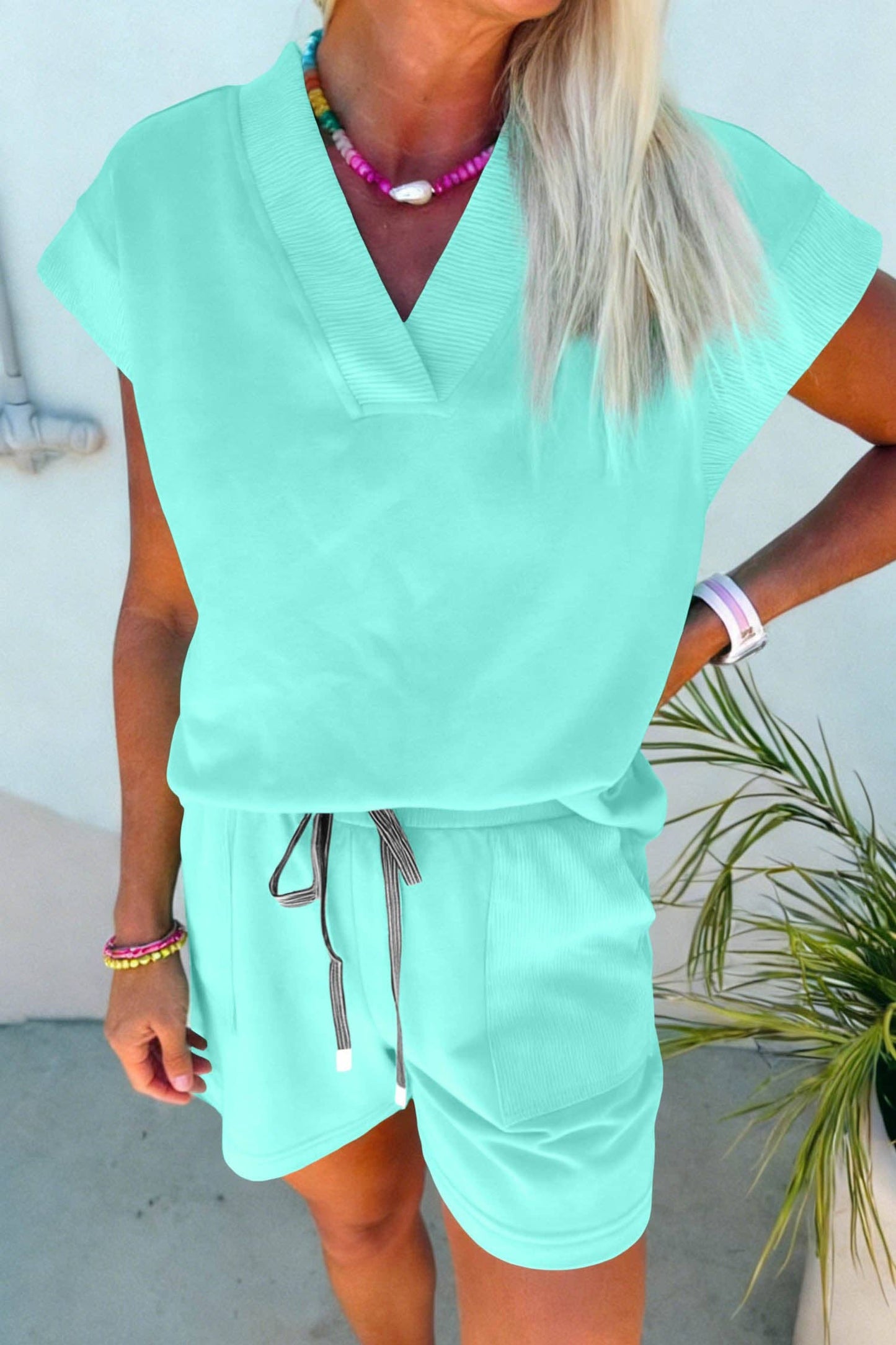 Secret Style Source - V Neck Short Sleeve Top Drawstring Shorts 2pcs Set