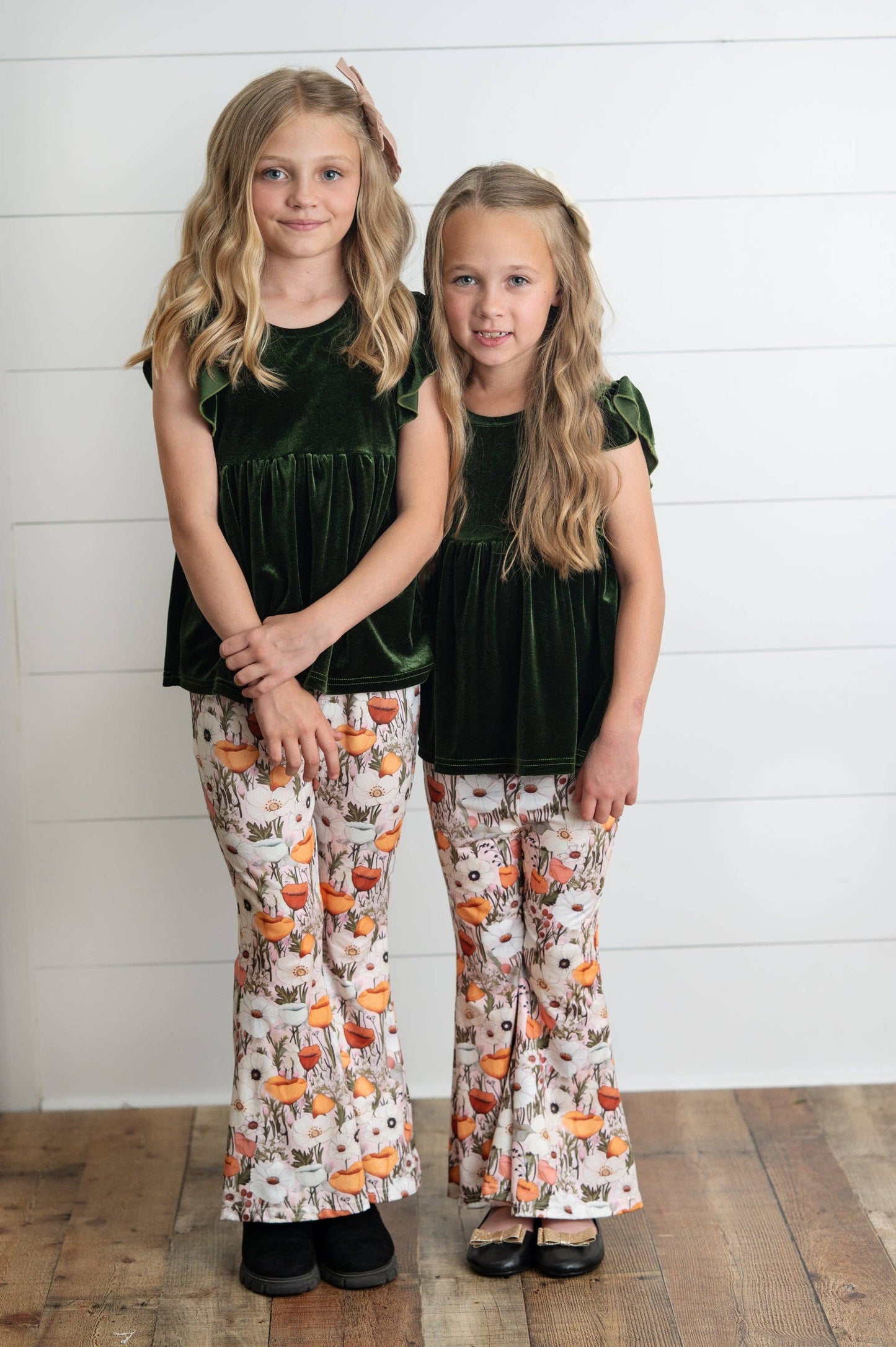 Wren & James - Girls Olive Velvet Ruffle Top & Retro Bell Bottom Pant Set