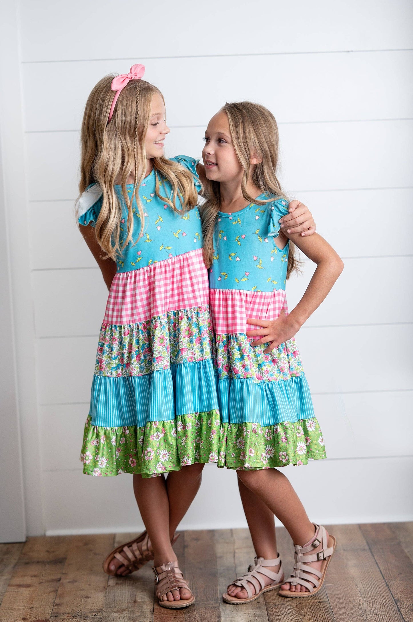 Adorable Sweetness - Girls Ava Twirl Teal Floral Check Tiered Spring Easter Dress