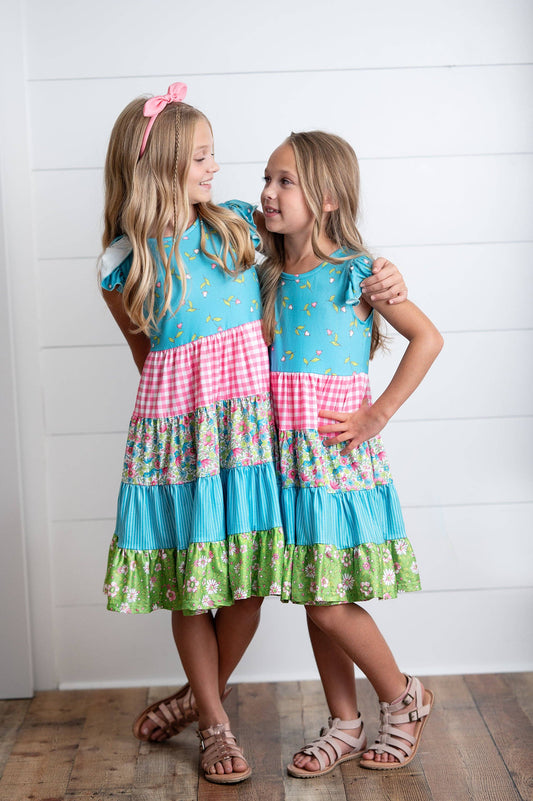 Adorable Sweetness - Girls Ava Twirl Teal Floral Check Tiered Spring Easter Dress