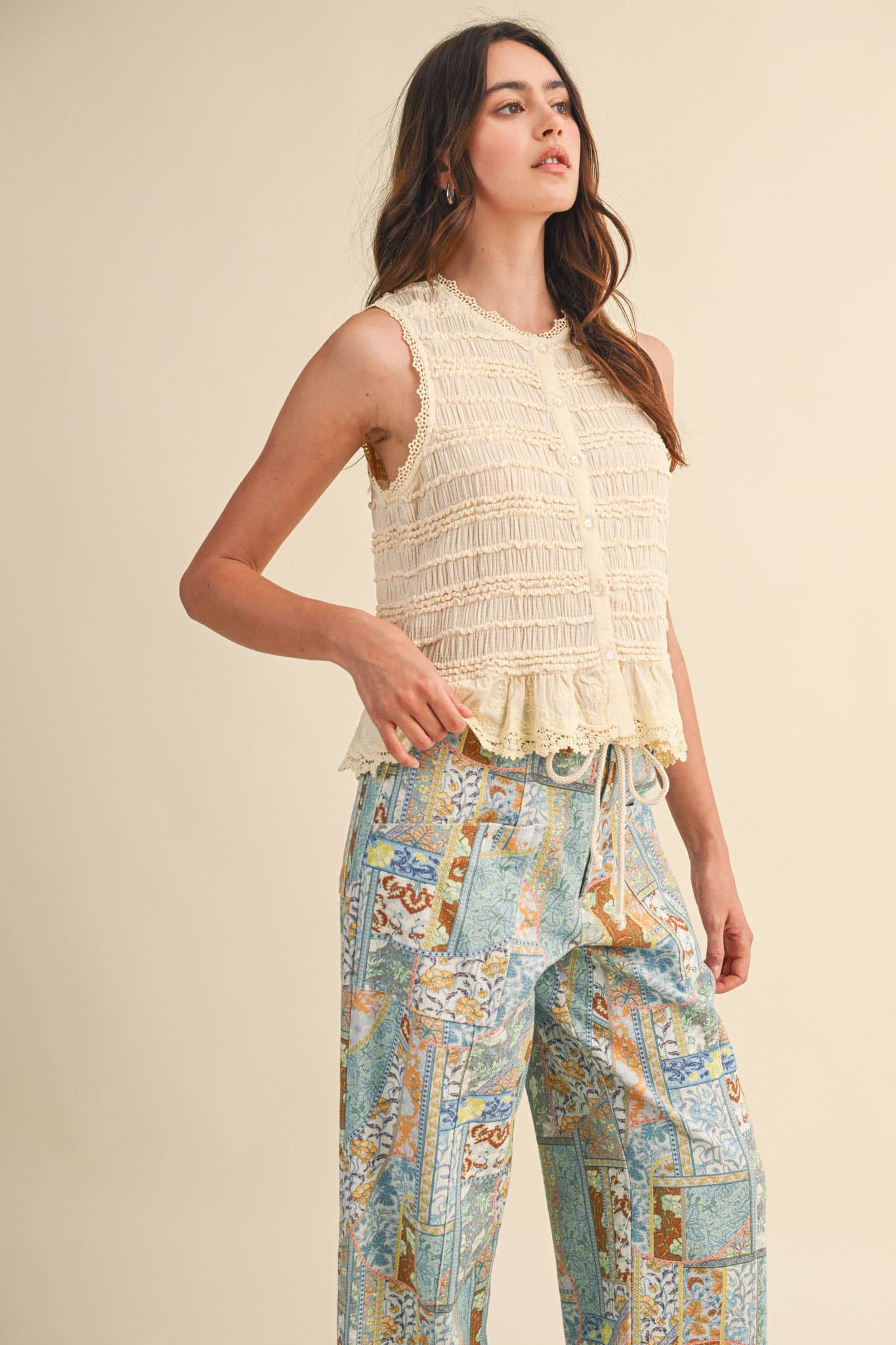 &MERCI - SHIRRED BUTTON DOWN TOP WITH LACE TRIM MTP4759