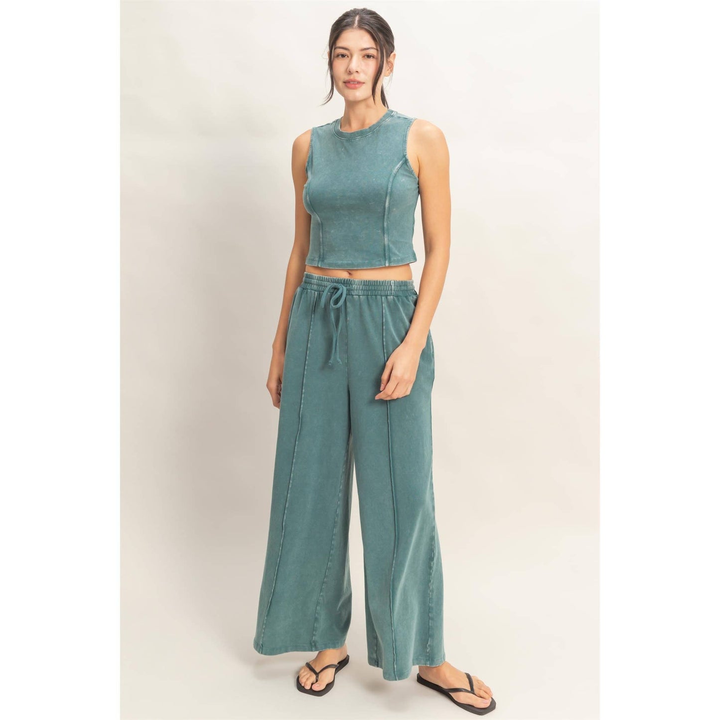 Double Zero - Mineral Washed Sleeveless Top & Wide Leg Pants Set