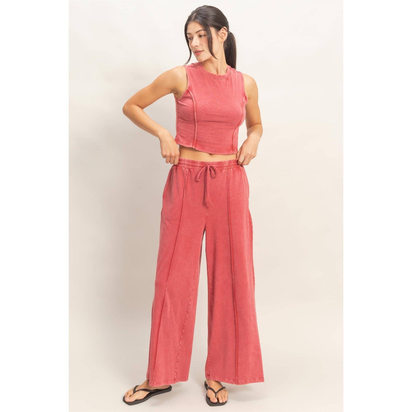 Double Zero - Mineral Washed Sleeveless Top & Wide Leg Pants Set