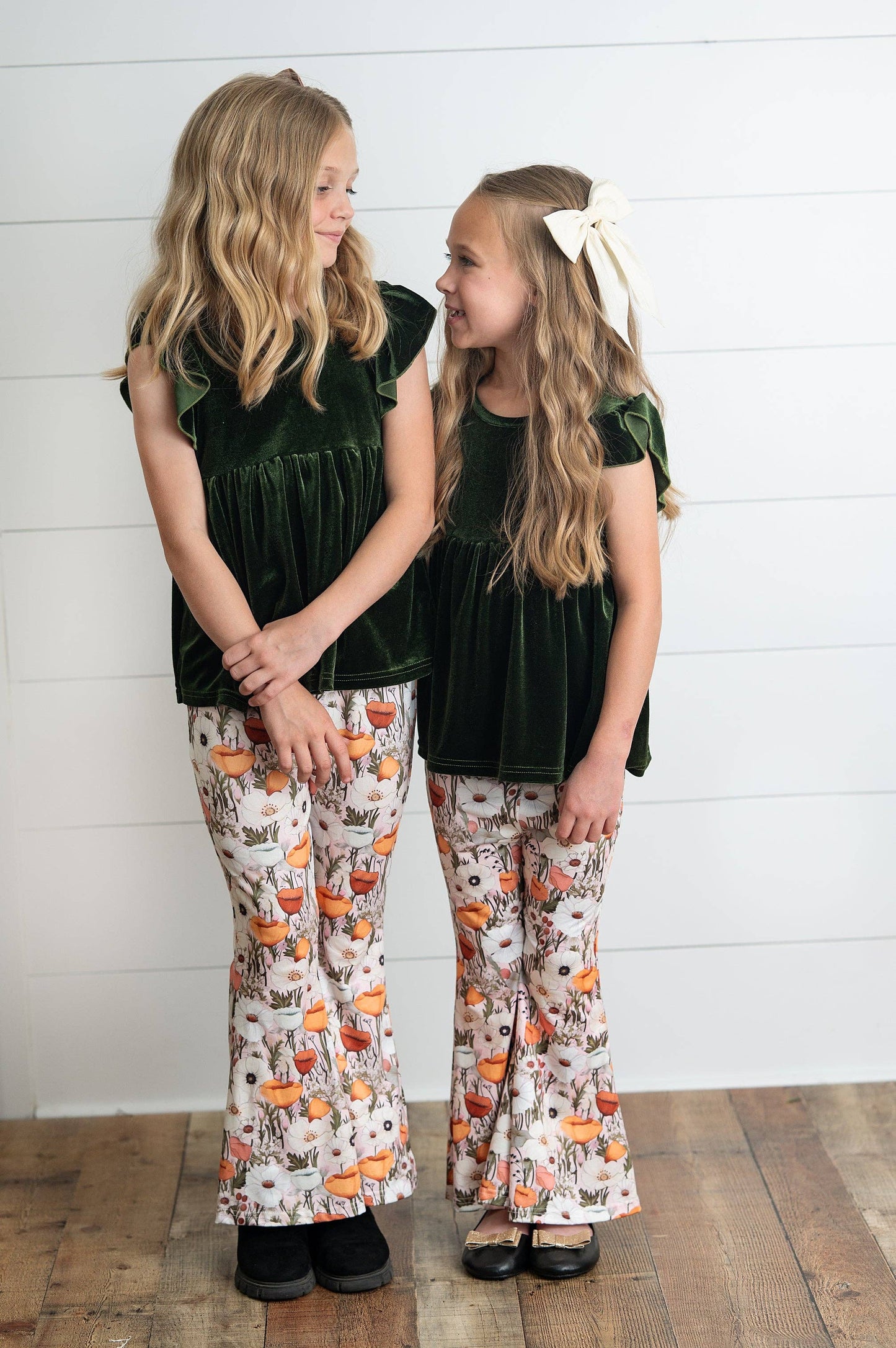 Wren & James - Girls Olive Velvet Ruffle Top & Retro Bell Bottom Pant Set
