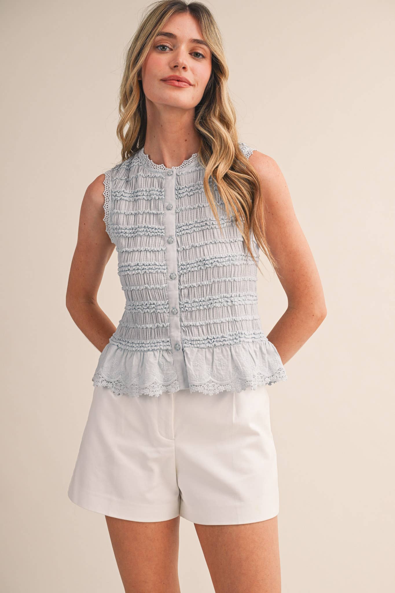&MERCI - SHIRRED BUTTON DOWN TOP WITH LACE TRIM MTP4759