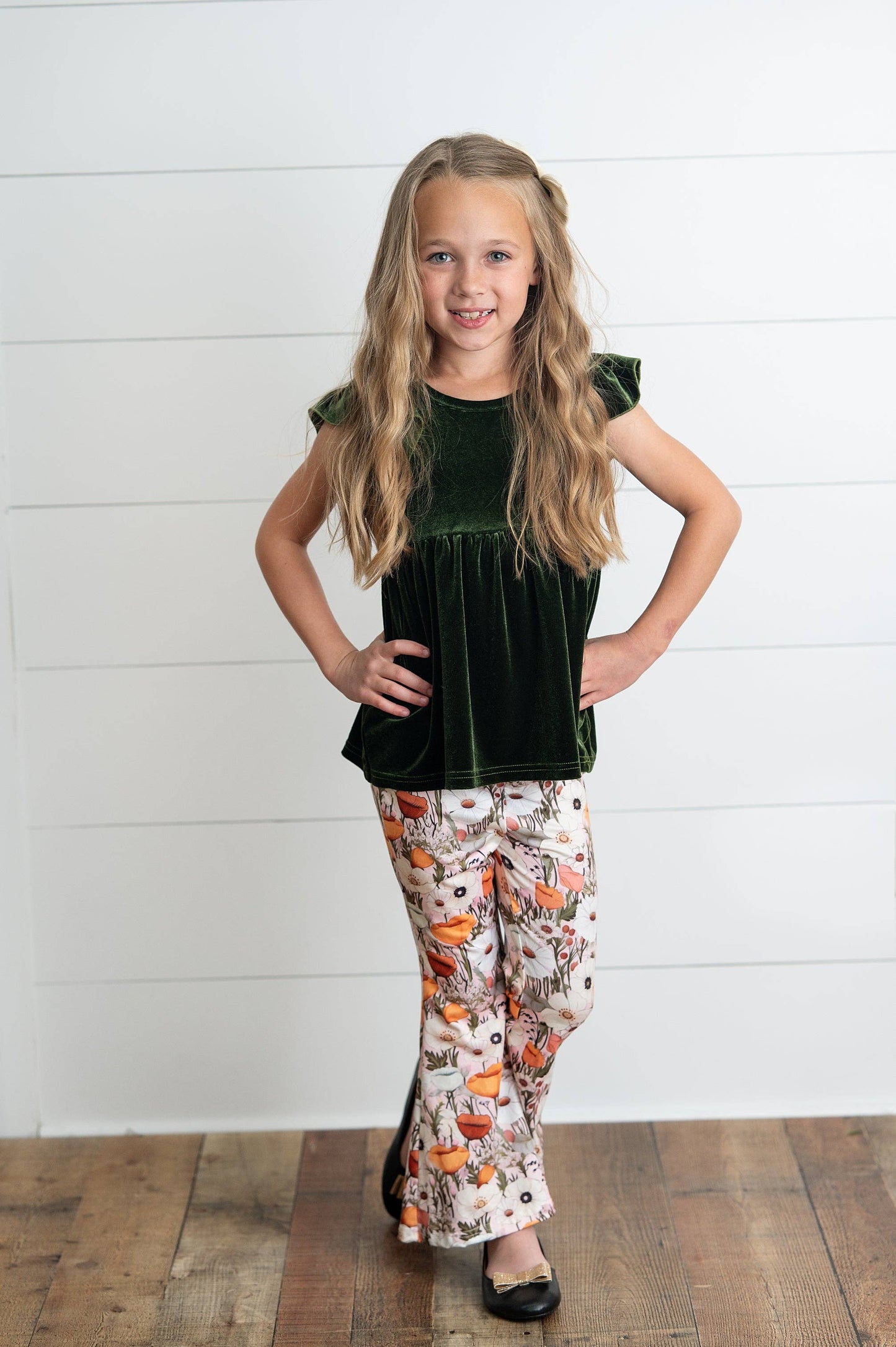 Wren & James - Girls Olive Velvet Ruffle Top & Retro Bell Bottom Pant Set