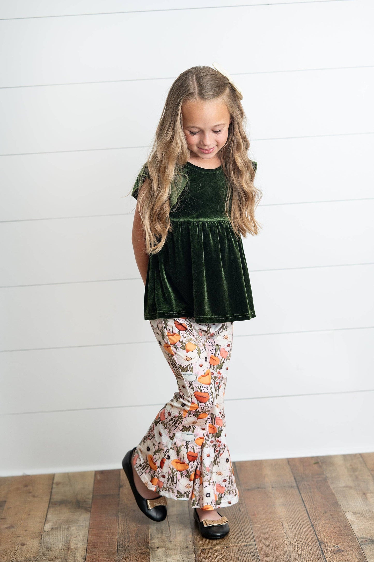 Wren & James - Girls Olive Velvet Ruffle Top & Retro Bell Bottom Pant Set