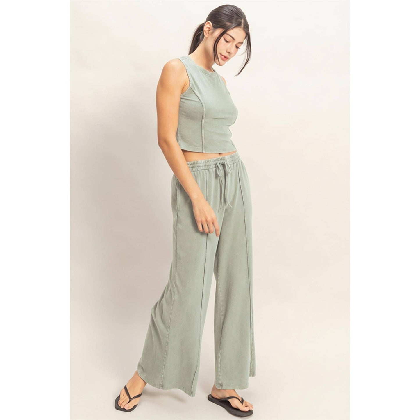 Double Zero - Mineral Washed Sleeveless Top & Wide Leg Pants Set