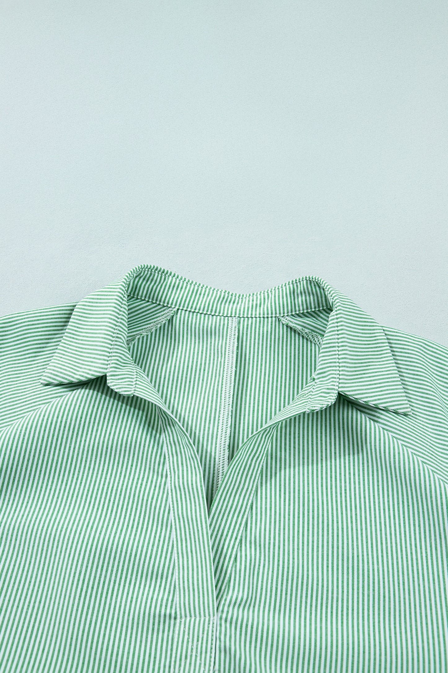 Mint Green Plus Size Striped Print Collar V Neck Short Sleeve Blouse