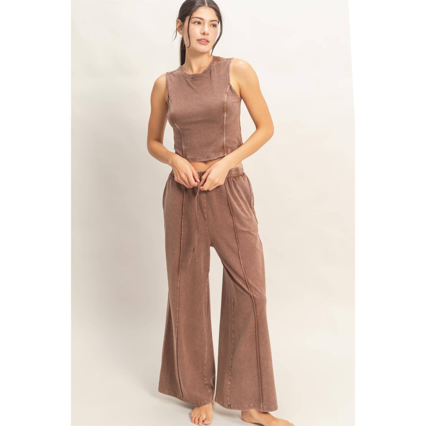 Double Zero - Mineral Washed Sleeveless Top & Wide Leg Pants Set