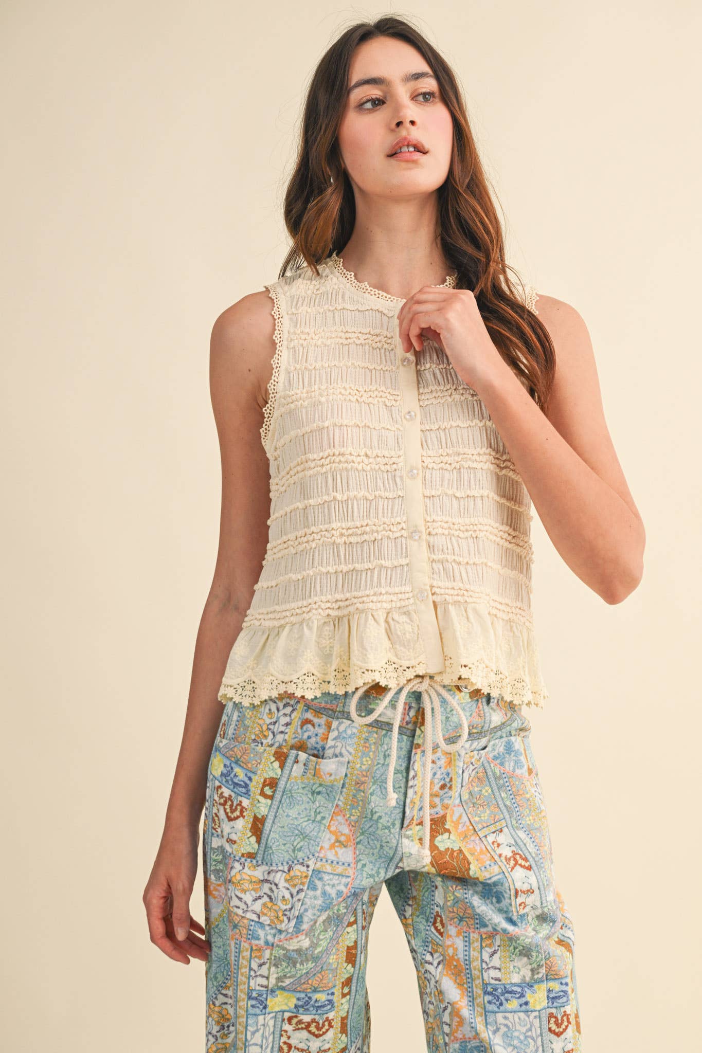 &MERCI - SHIRRED BUTTON DOWN TOP WITH LACE TRIM MTP4759