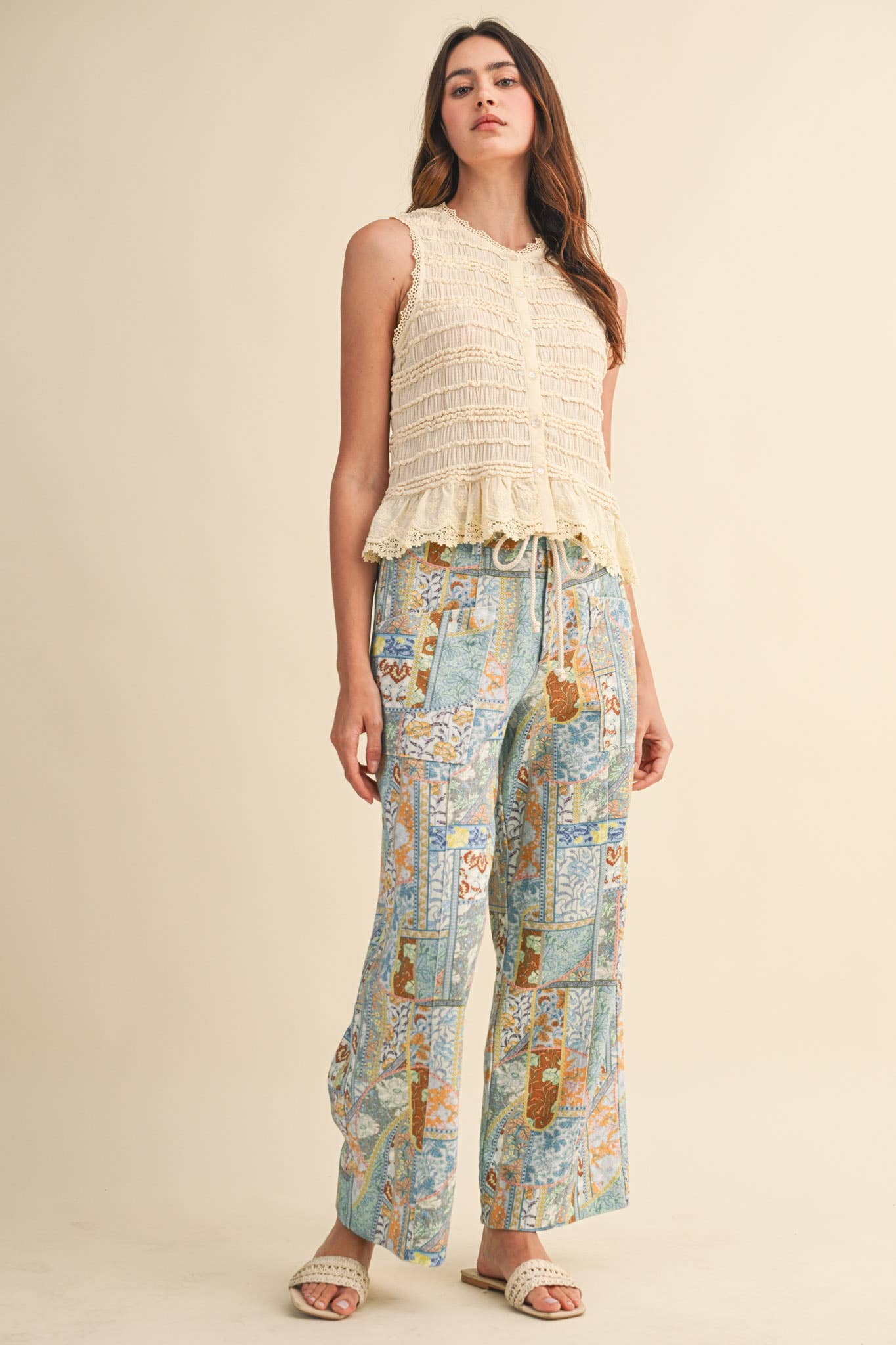 &MERCI - SHIRRED BUTTON DOWN TOP WITH LACE TRIM MTP4759