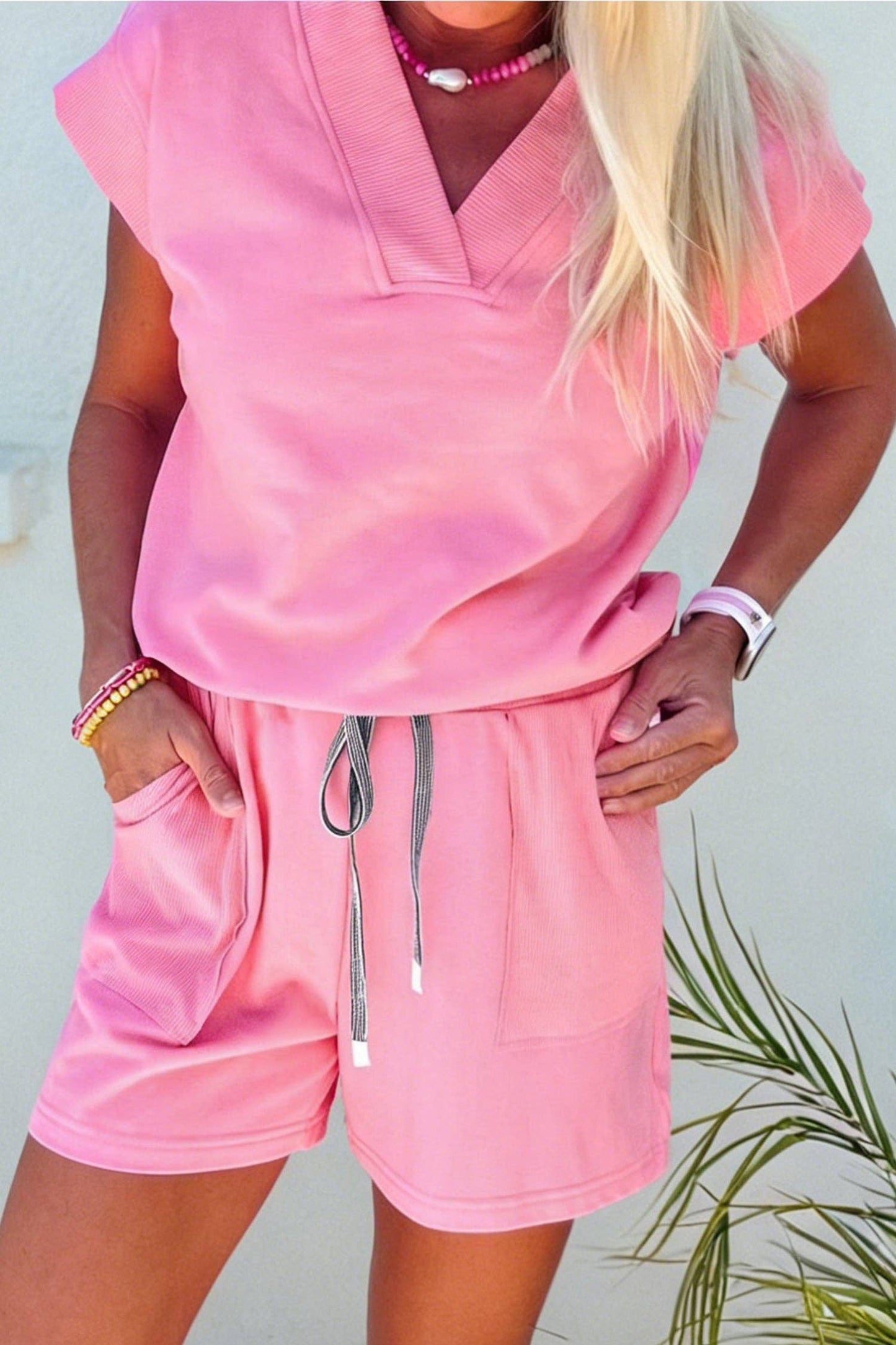 Secret Style Source - V Neck Short Sleeve Top Drawstring Shorts 2pcs Set