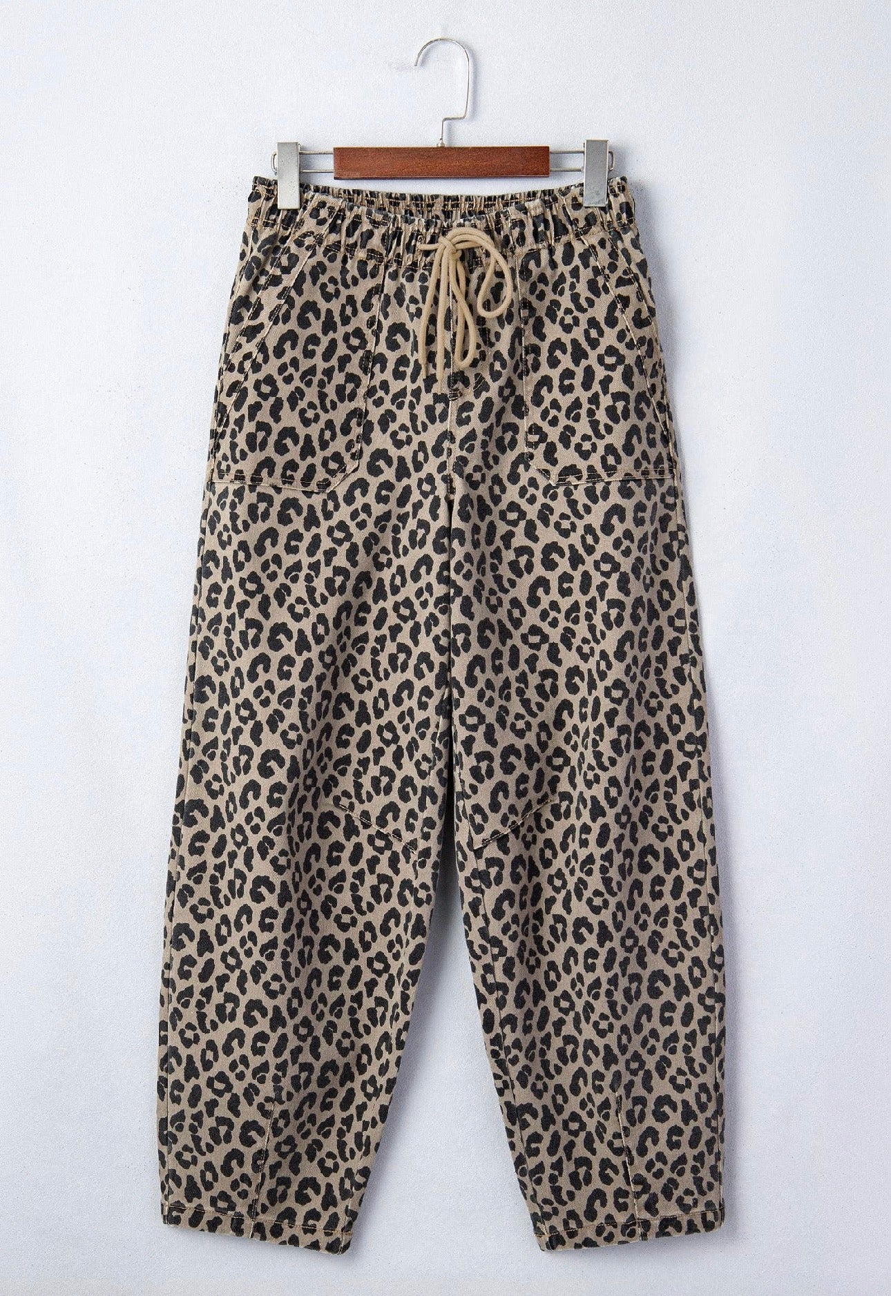 Leopard Denim Drawstring Elastic Waist Pants