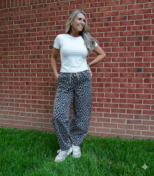 Leopard Denim Drawstring Elastic Waist Pants