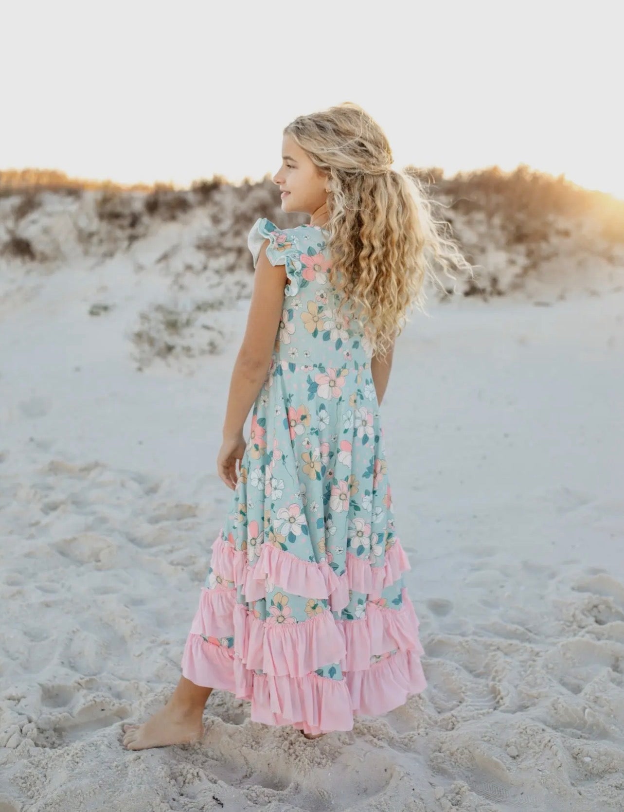 Kids Bella mint pastel floral flutter sleeve ruffles dress