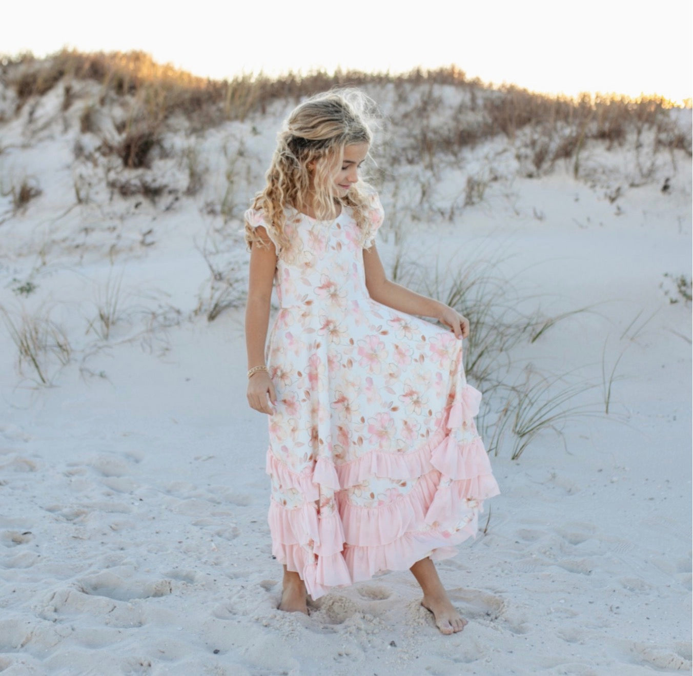 Girls, blush, floral flutter sleeve ruffle spring dress