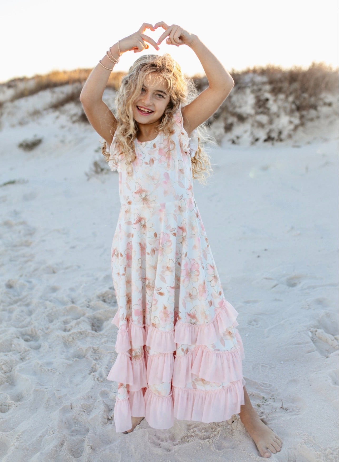 Girls, blush, floral flutter sleeve ruffle spring dress