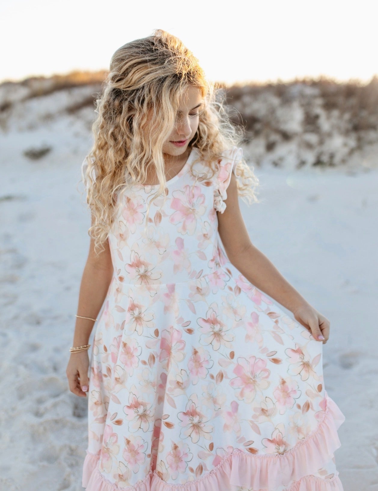 Girls, blush, floral flutter sleeve ruffle spring dress