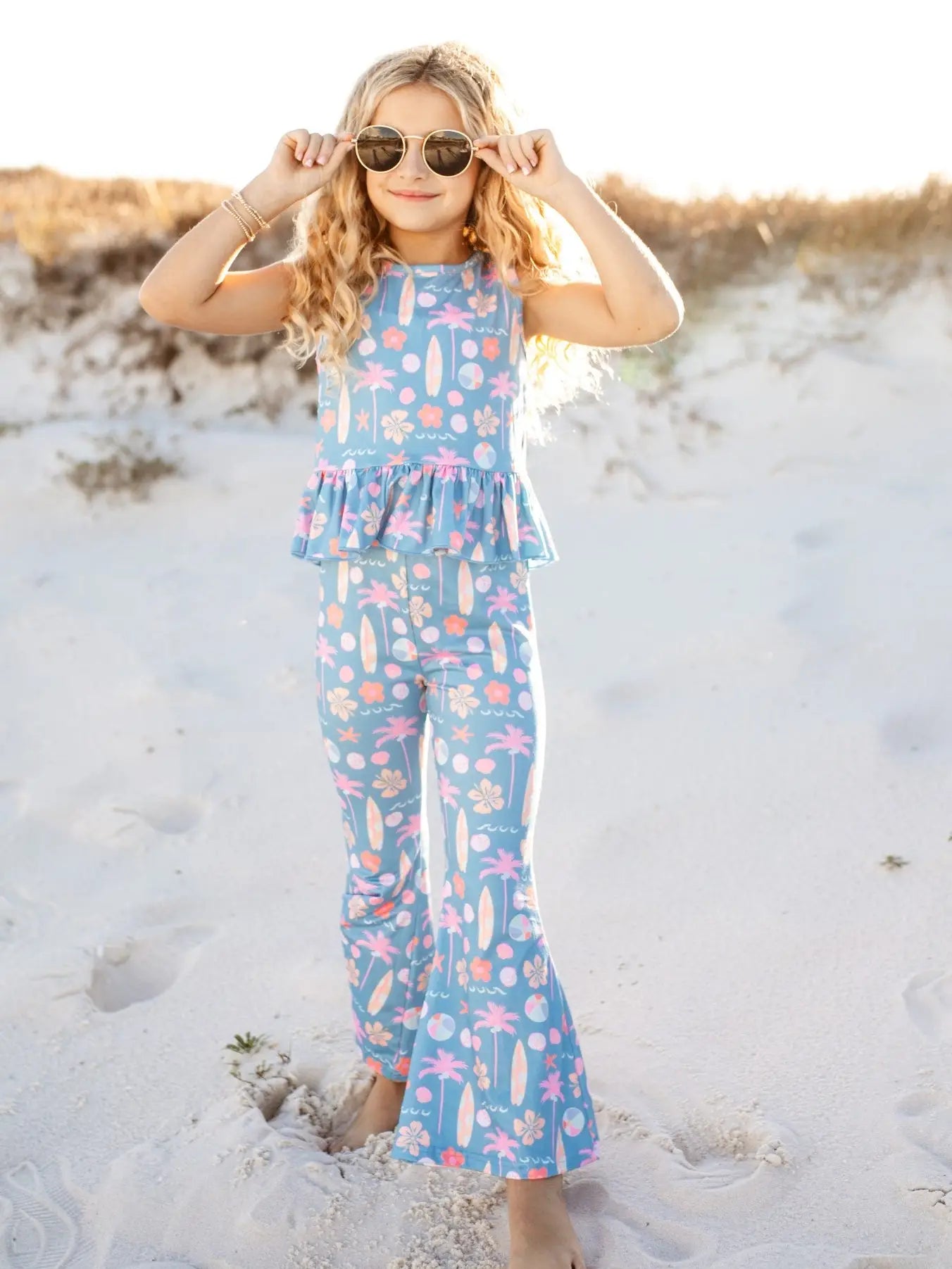 Kids, dusty blue and pink summer surf print flare pants set