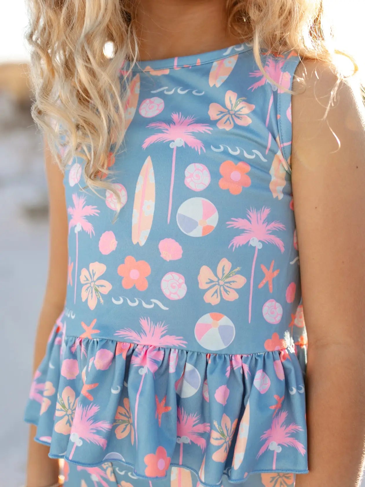 Kids, dusty blue and pink summer surf print flare pants set