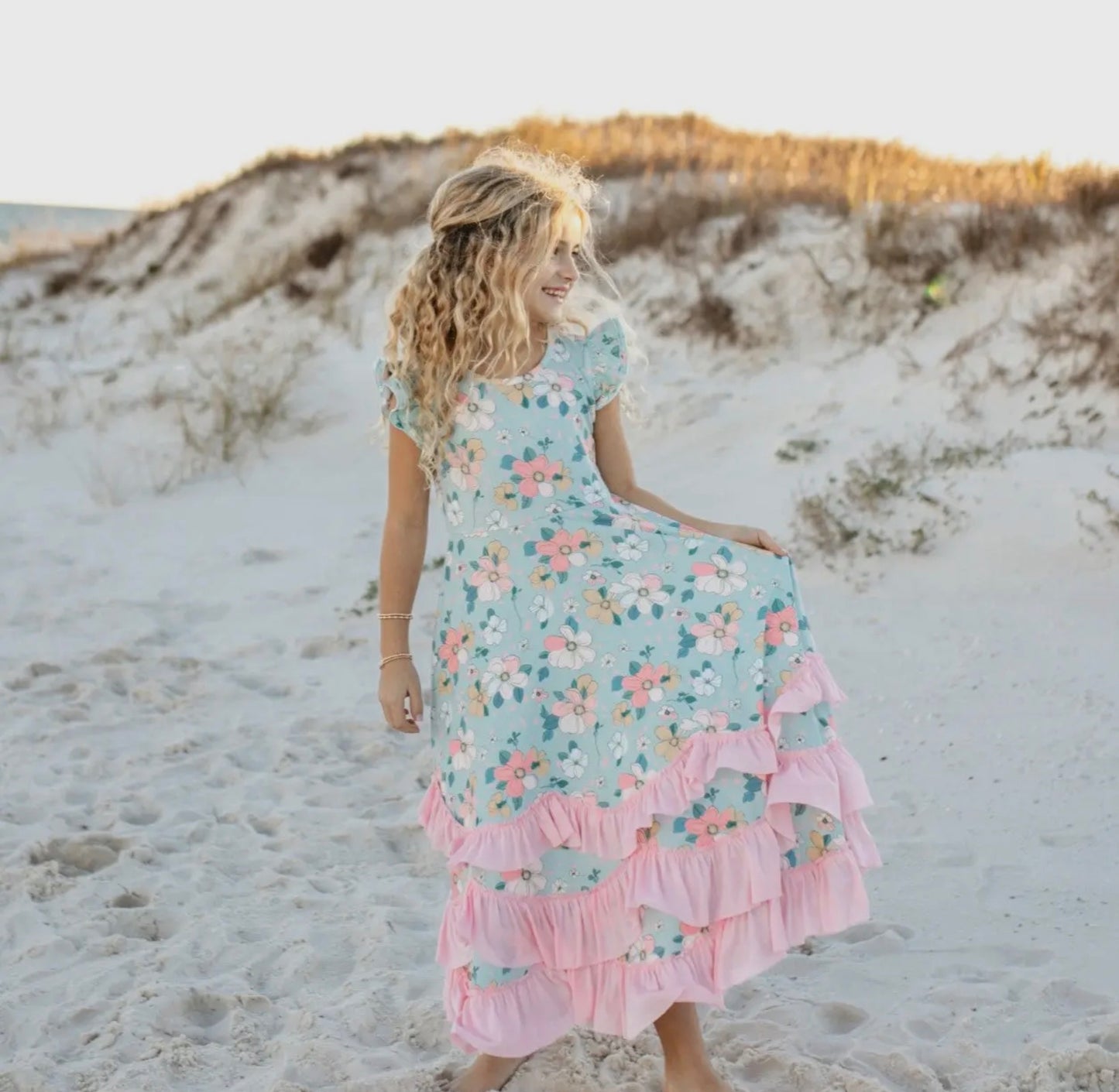 Kids Bella mint pastel floral flutter sleeve ruffles dress