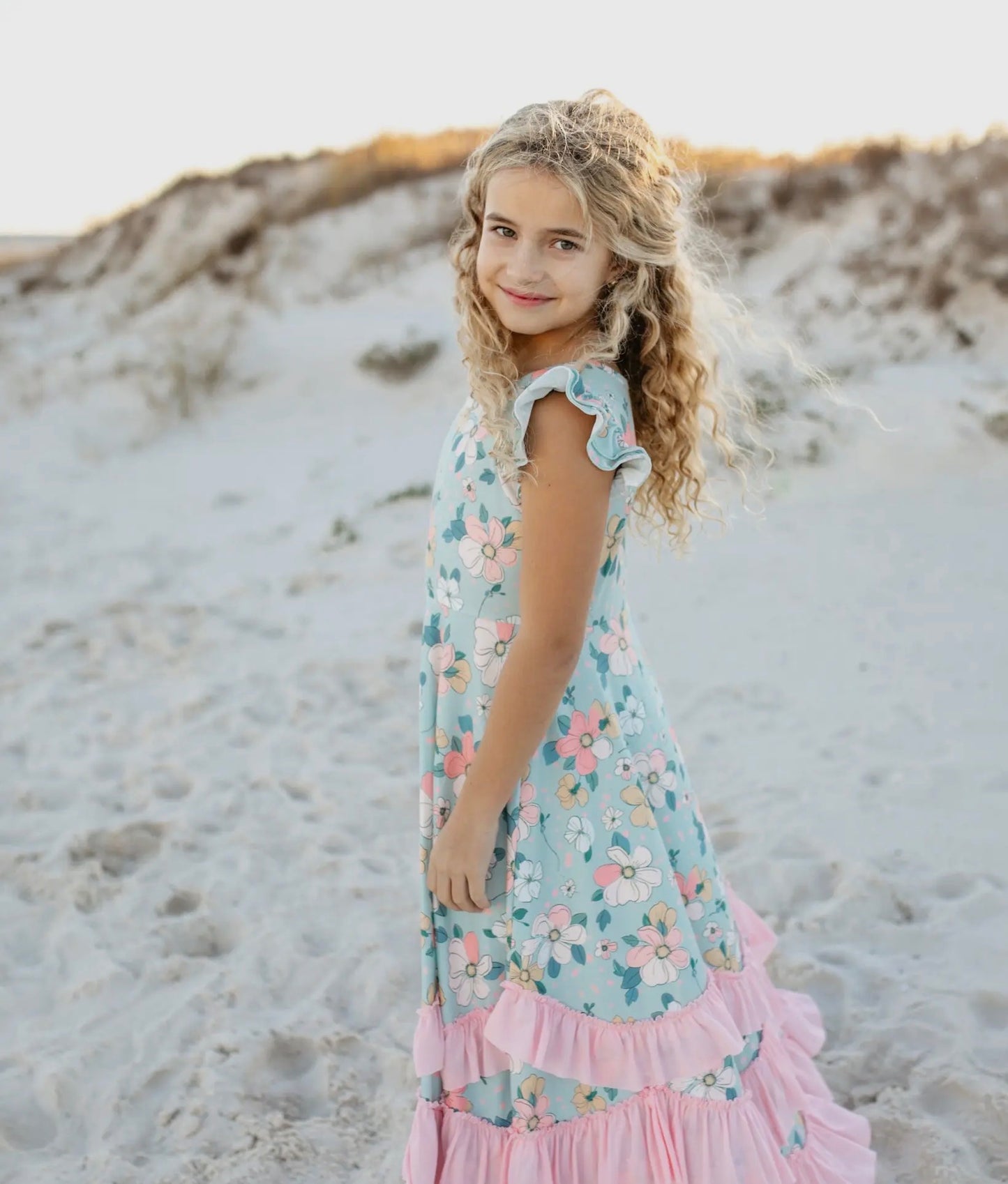 Kids Bella mint pastel floral flutter sleeve ruffles dress