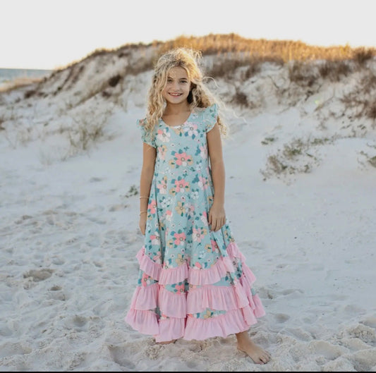 Kids Bella mint pastel floral flutter sleeve ruffles dress